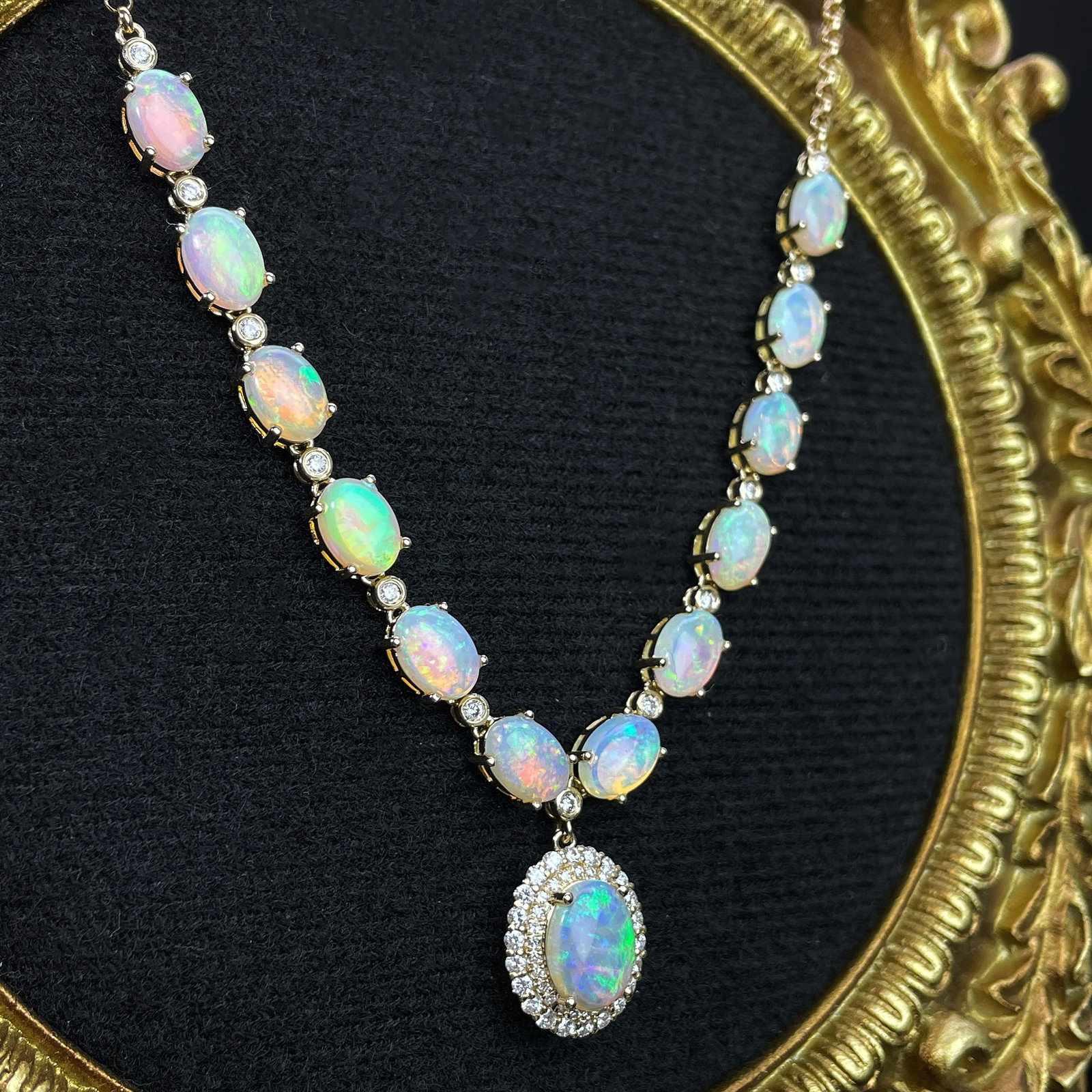 14k Gold 5.84 Ctw Natural Opal & Diamond Necklace - 3