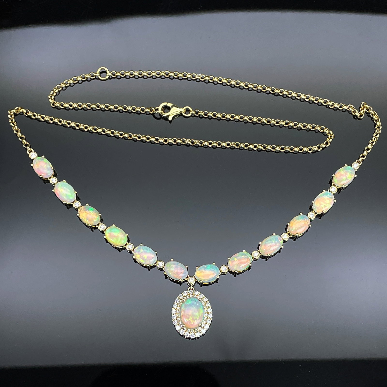14k Gold 5.84 Ctw Natural Opal & Diamond Necklace - 5