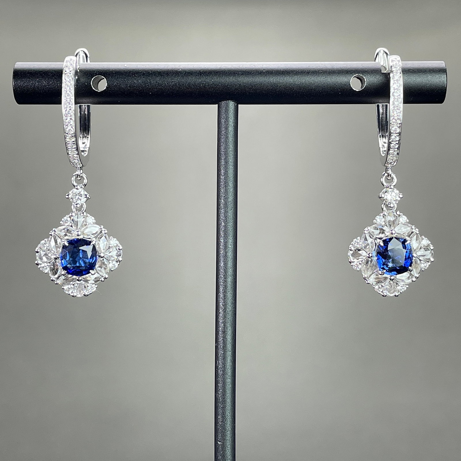 14k Gold 3.14 Ctw Natural Sapphire & Diamond Earrings: Ref:231168076 // gold content:14k gold // main gemstone:sapphire // shape:cushion // carat weight:1. 56ct // color:royal blue // treatment:natural // // adjacent gemstone 2 : diamond // shape:multiple