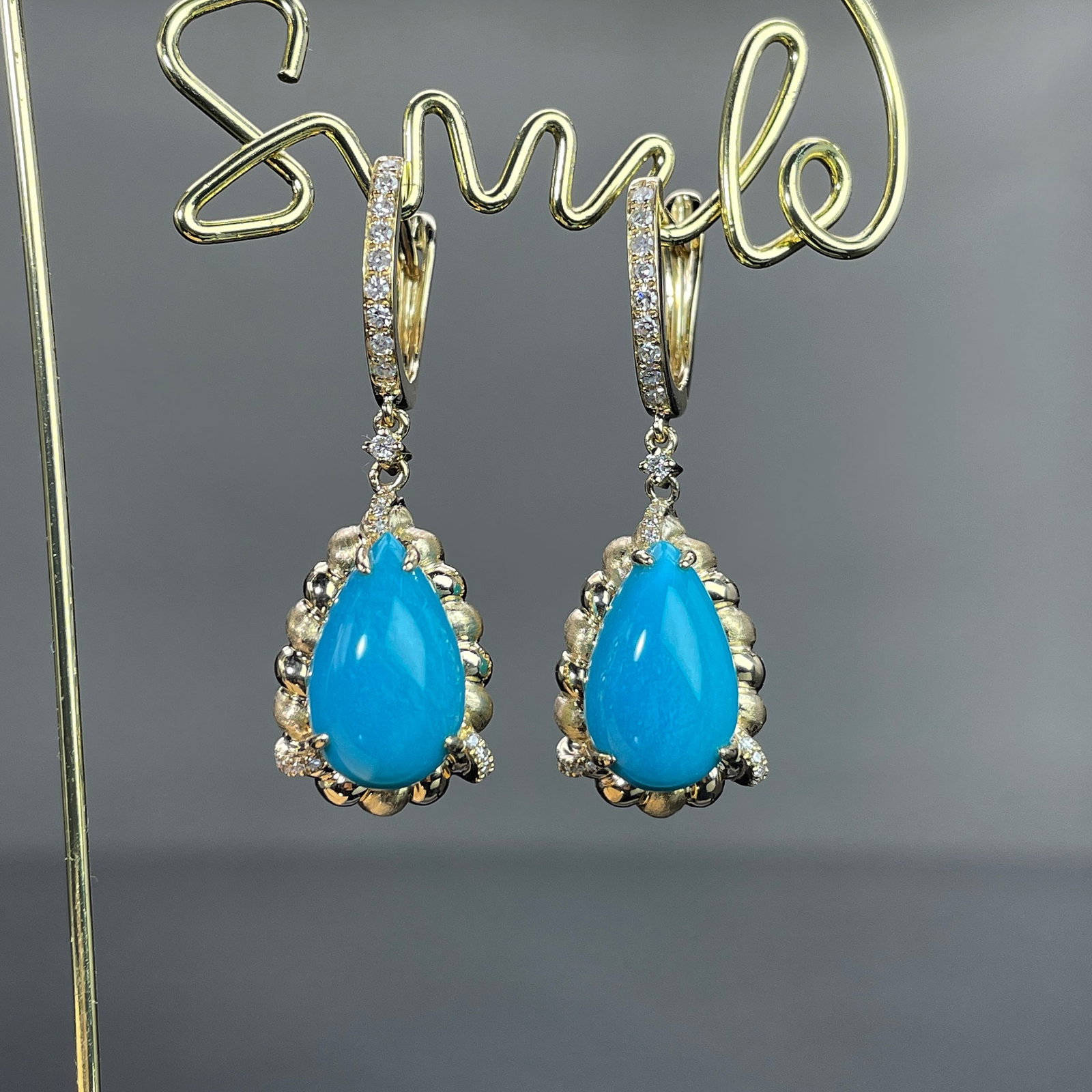 14k Gold 5.66 Ctw Natural Blue Turquoise & Diamond Earrings: Ref:231168080 // gold content:14k gold // main gemstone:blue turquoise // shape:pear // carat weight:5. 42ct // color:blue // treatment:natural // // adjacent gemstone 2 : diamond // shape:round // ca