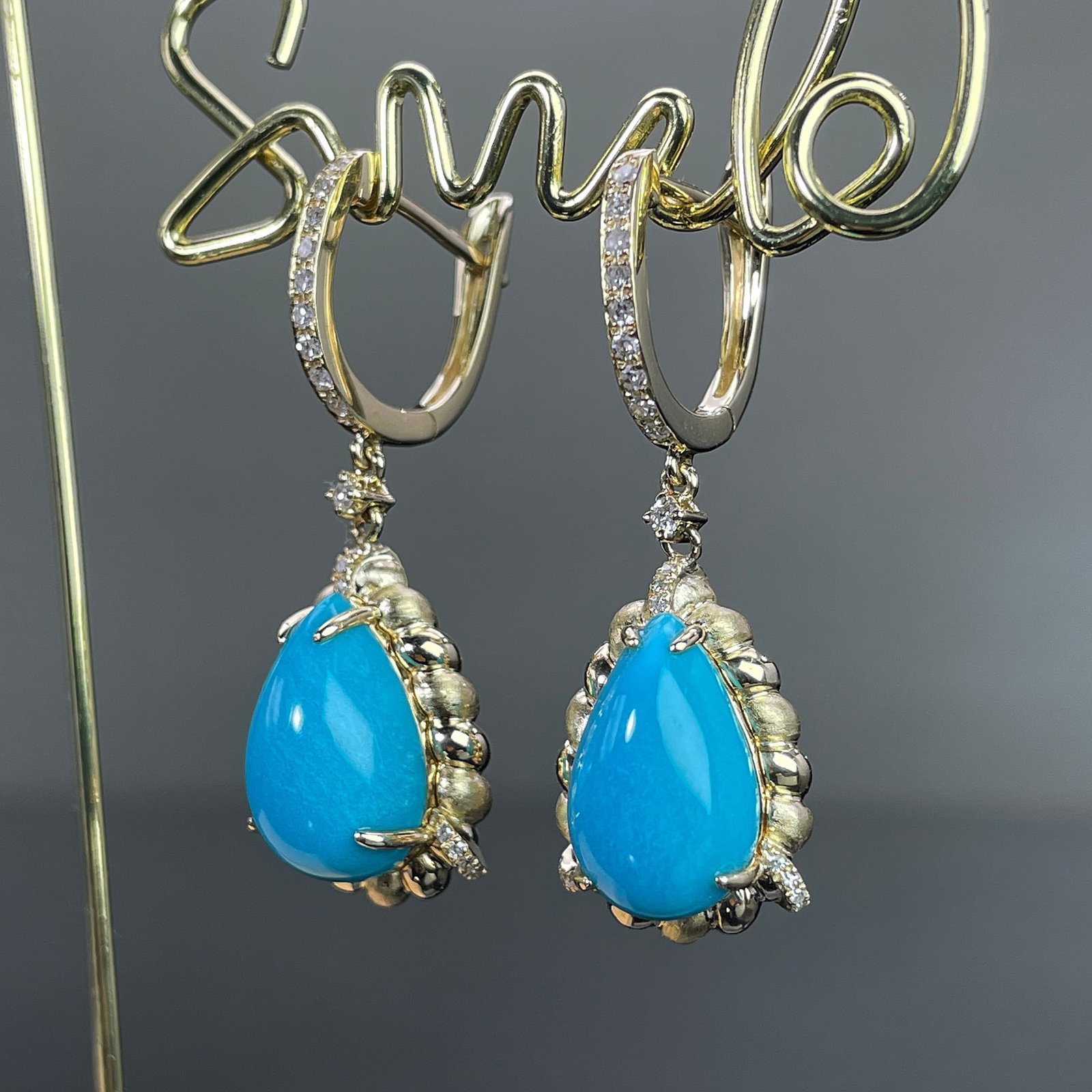 14k Gold 5.66 Ctw Natural Blue Turquoise & Diamond Earrings - 2