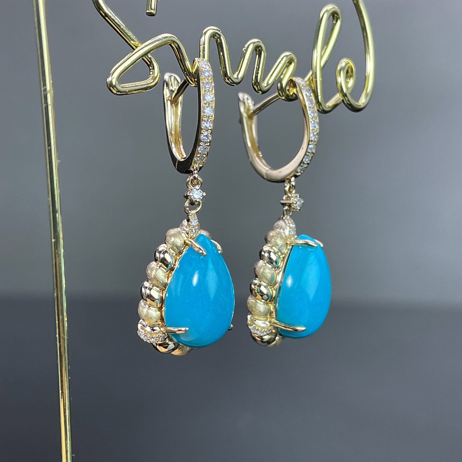 14k Gold 5.66 Ctw Natural Blue Turquoise & Diamond Earrings - 3