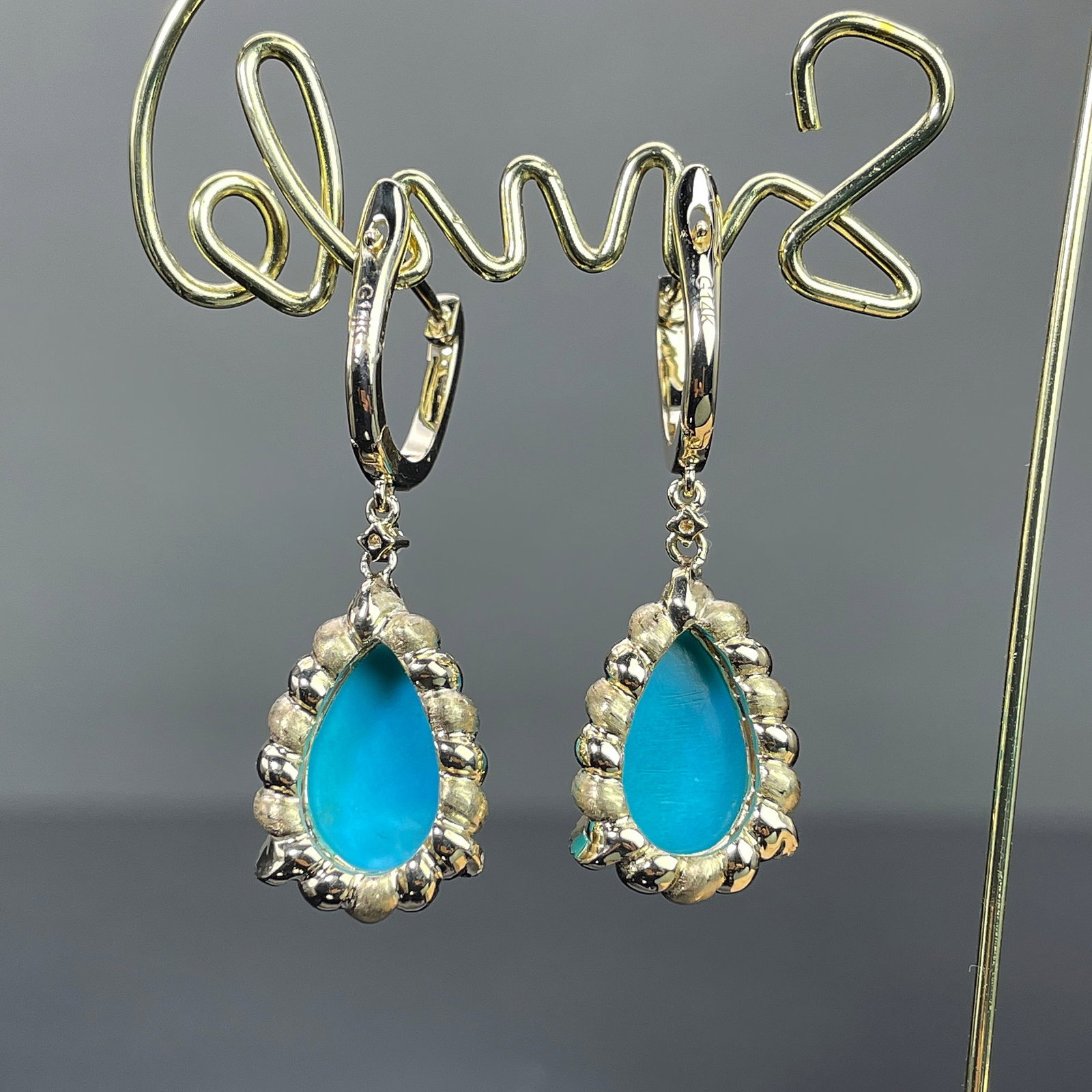 14k Gold 5.66 Ctw Natural Blue Turquoise & Diamond Earrings - 4
