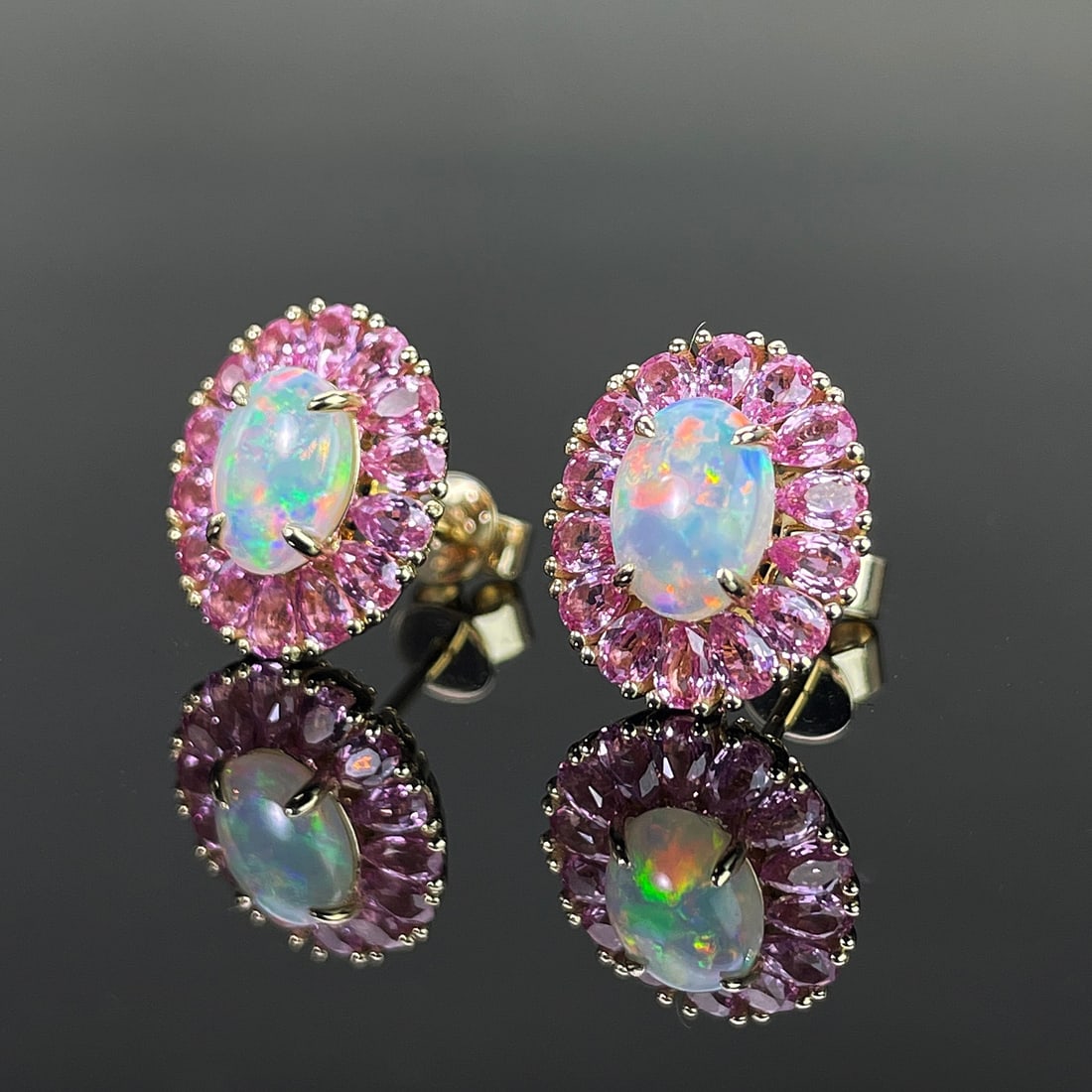 14k Gold 2.92 Ctw Natural Opal & Sapphire Earrings - 2