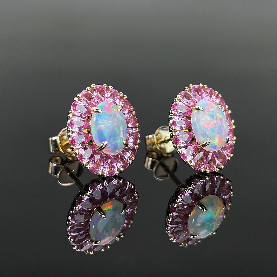 14k Gold 2.92 Ctw Natural Opal & Sapphire Earrings - 3