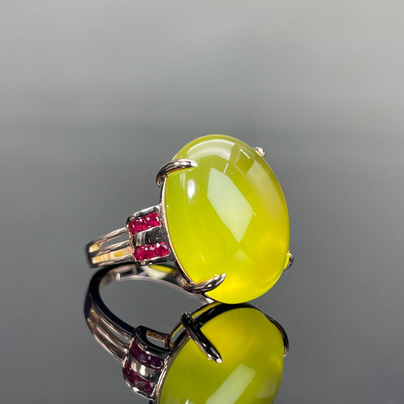 14k Gold 16.15 Ctw Natural Prehnite & Ruby Ring - 3
