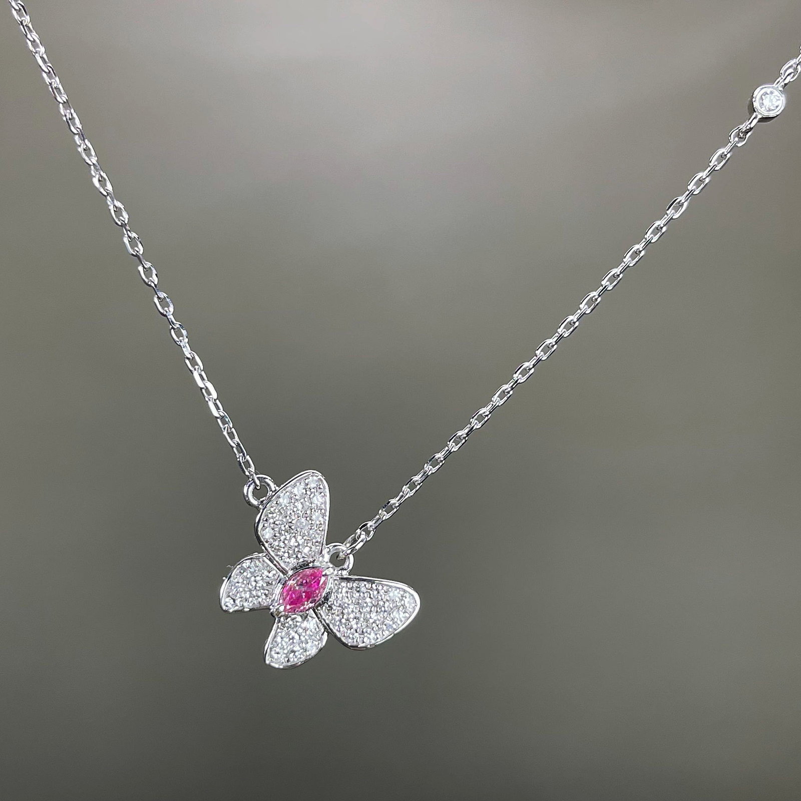 14k Gold 0.39 Ctw Natural Pink Diamond & Diamond & Butterfly Necklace: Ref:231168096 // gold content:14k gold // main gemstone:pink diamond // shape:marquise // carat weight:0. 12ct // color:pink // treatment:natural // // adjacent gemstone 2 : diamond // shape:round //