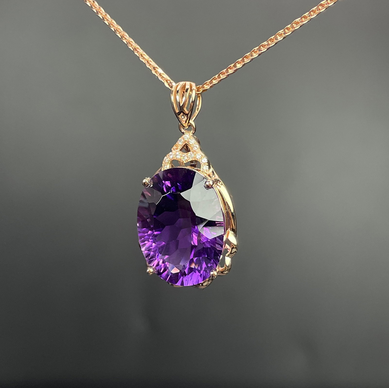 14k Gold 9.29 Ctw Natural Amethyst & Diamond Pendant( Without Chain ) - 2