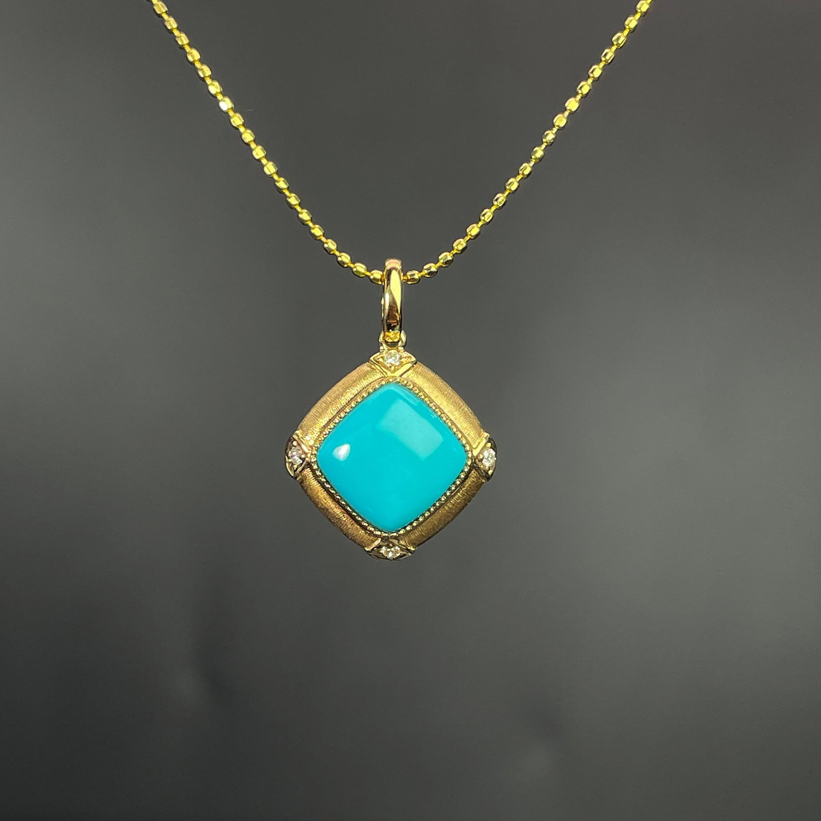 14k Gold 1.7 Ct Natural Blue Turquoise & Diamond Pendant( Without Chain ): Ref:231168113 // gold content:14k gold // main gemstone:blue turquoise // shape:square // carat weight:1. 7ct // color:blue // treatment:natural // // adjacent gemstone 2 : diamond // shape:round //