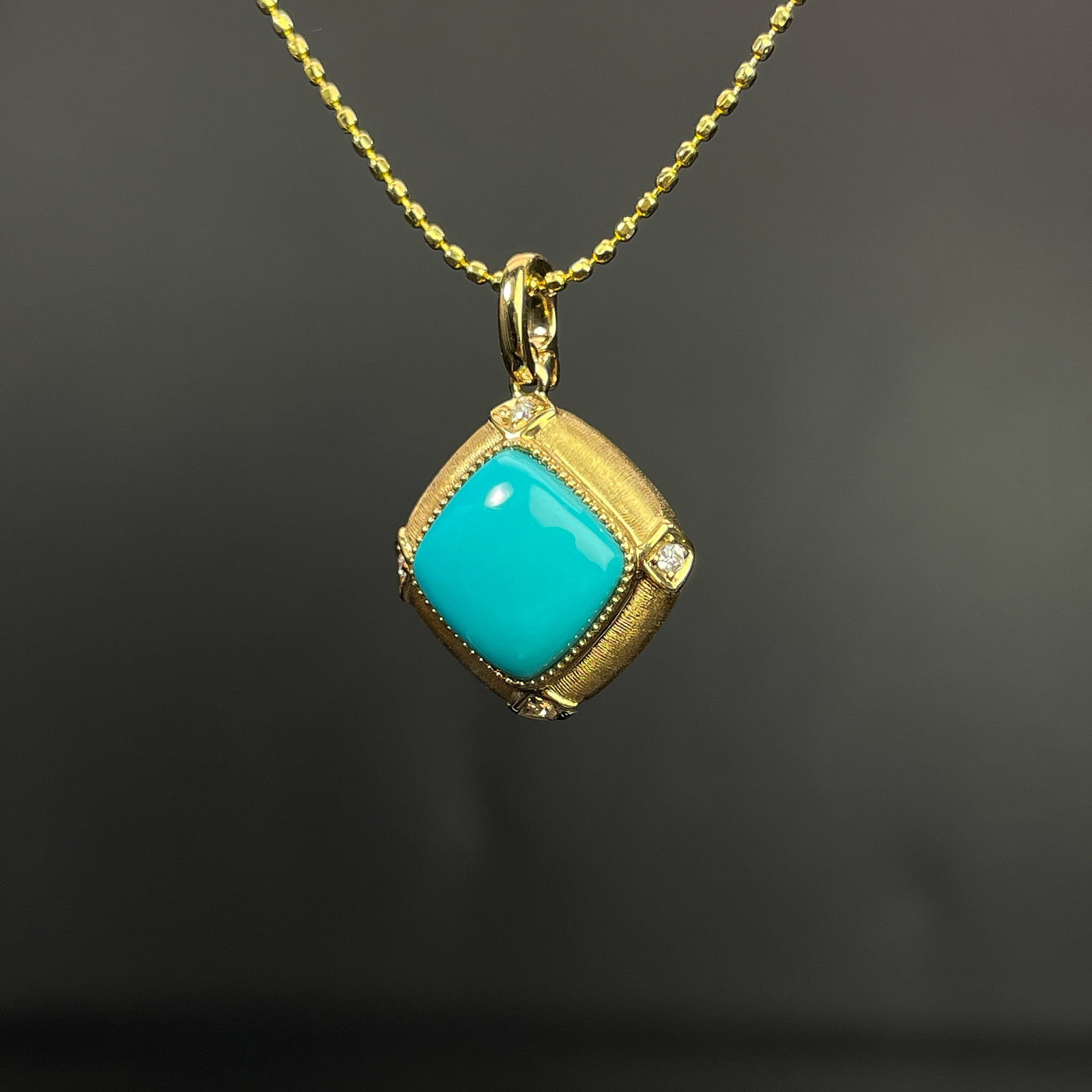 14k Gold 1.7 Ct Natural Blue Turquoise & Diamond Pendant( Without Chain ) - 2