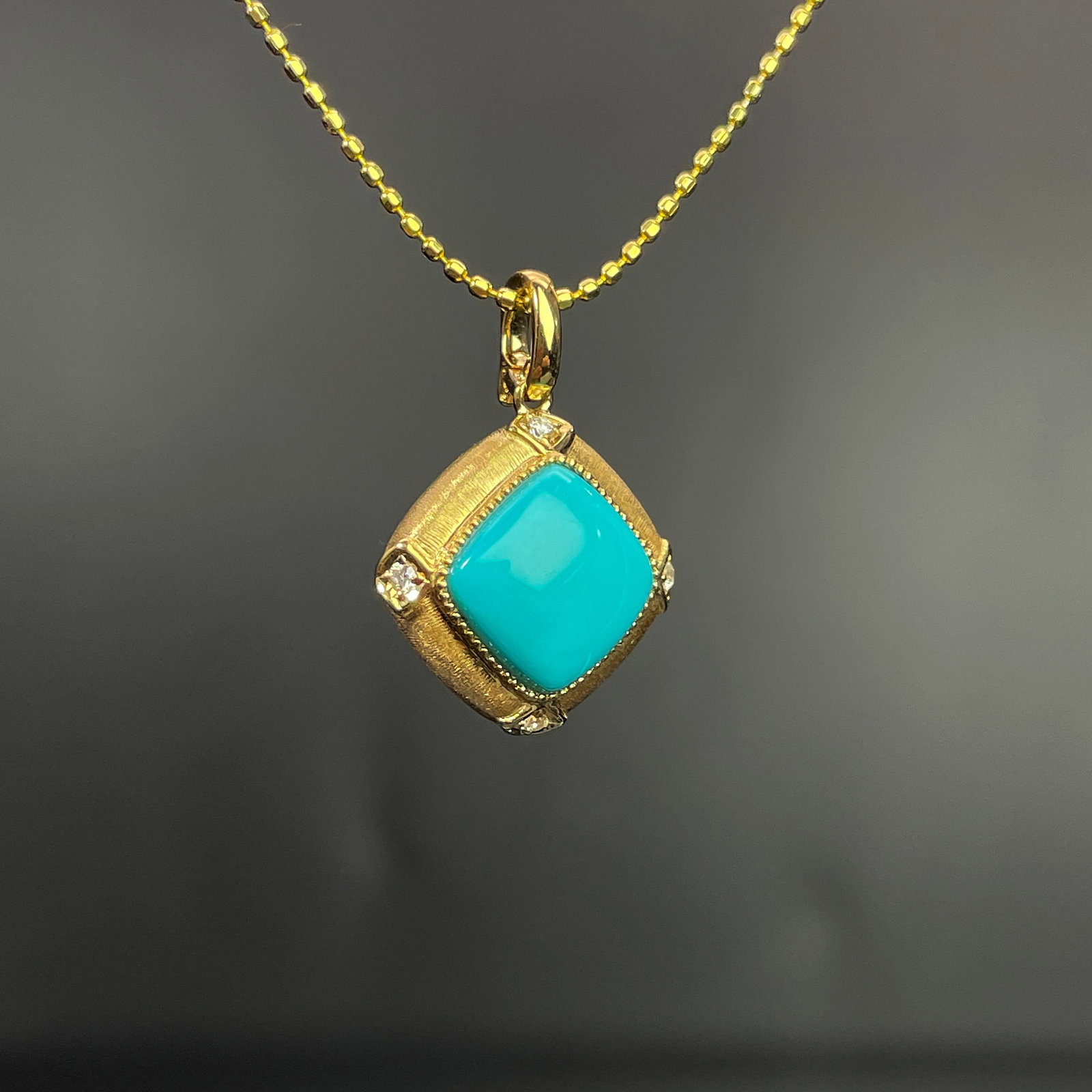 14k Gold 1.7 Ct Natural Blue Turquoise & Diamond Pendant( Without Chain ) - 3