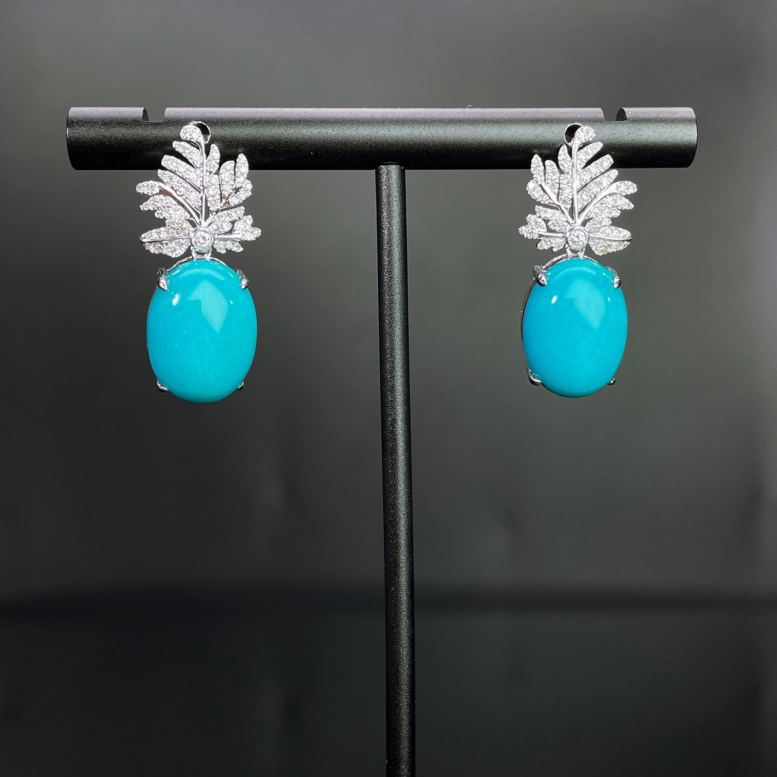 14k Gold 11.03 Ctw Natural Blue Turquoise & Diamond Earrings: Ref:231168116 // gold content:14k gold // main gemstone:blue turquoise // shape:oval // carat weight:10. 7ct // color:blue // treatment:natural // // adjacent gemstone 2 : diamond // shape:round // ca