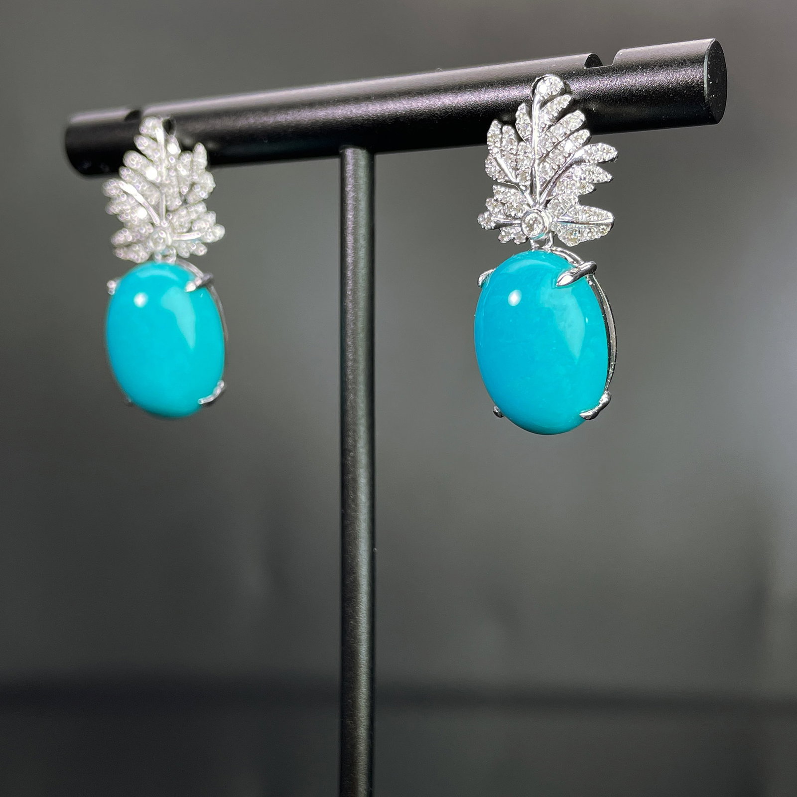 14k Gold 11.03 Ctw Natural Blue Turquoise & Diamond Earrings - 2
