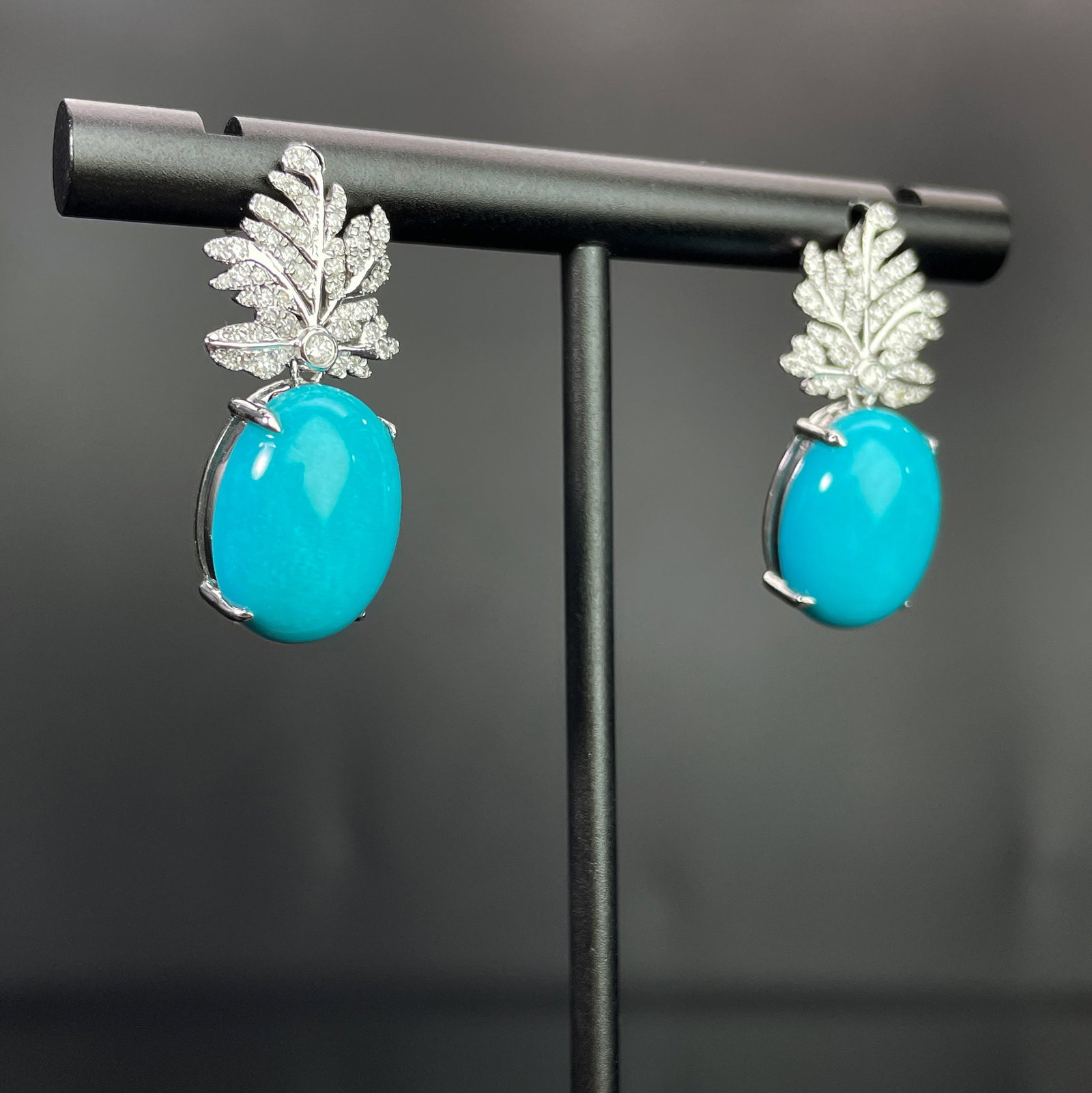 14k Gold 11.03 Ctw Natural Blue Turquoise & Diamond Earrings - 3