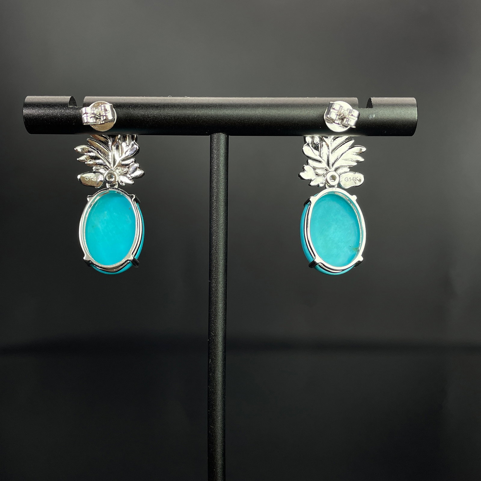 14k Gold 11.03 Ctw Natural Blue Turquoise & Diamond Earrings - 4