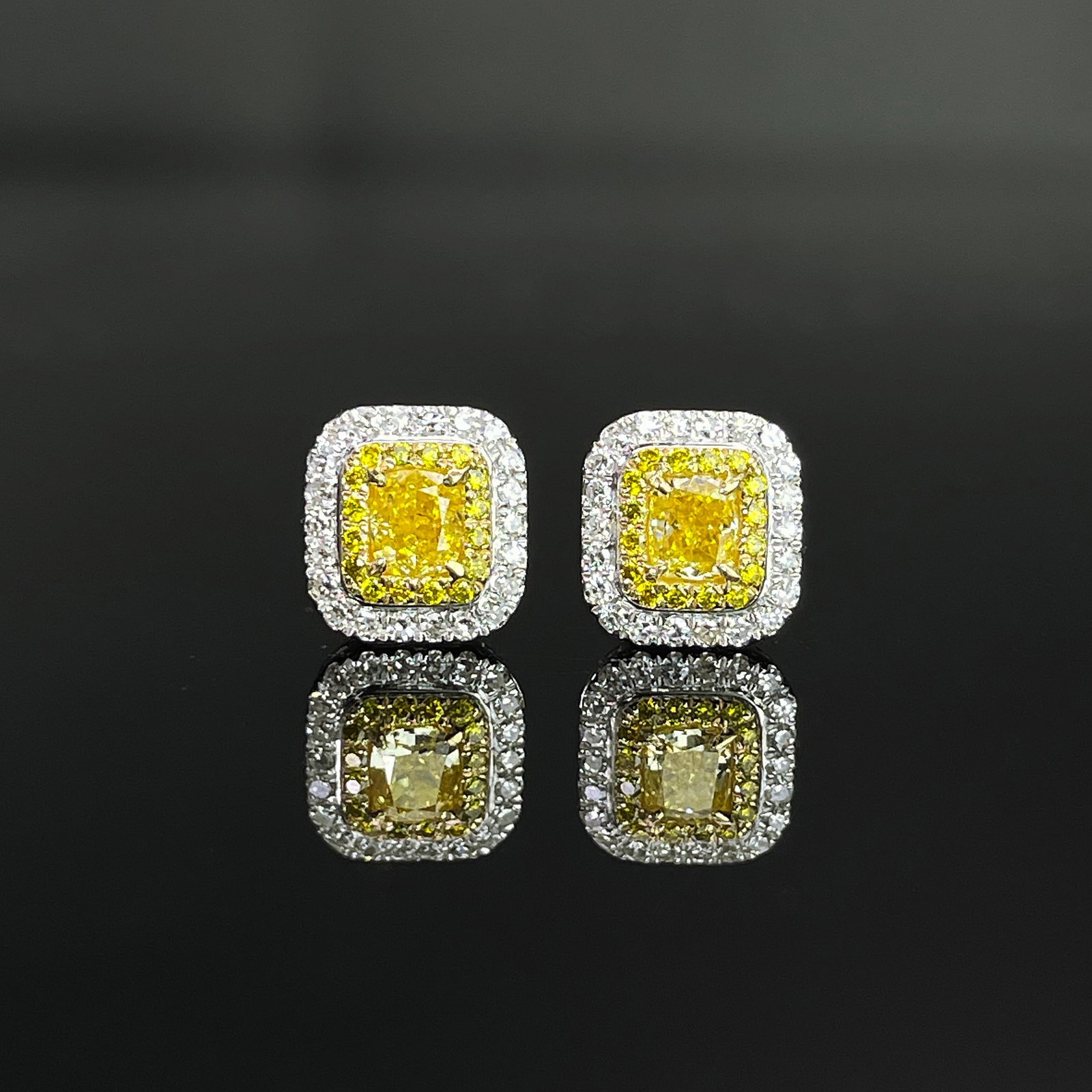 14k Gold 0.68 Ctw Natural Yellow Diamond & Diamond Earrings: Ref:231168117 // gold content:14k gold // main gemstone:yellow diamond // shape:cushion // carat weight:0. 4ct // color:yellow // treatment:natural // // adjacent gemstone 2 : diamond // shape:round