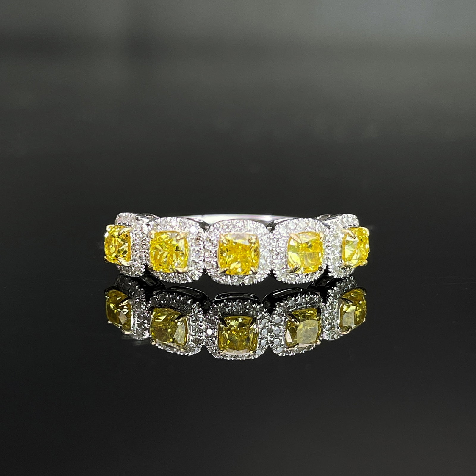 14k Gold 1.22 Ctw Natural Yellow Diamond & Diamond Ring: Ref:231168118 // gold content:14k gold // ring size:7. 25us // // main gemstone:yellow diamond // shape:cushion // carat weight:1. 02ct // color:yellow // treatment:natural // // adjacent gemstone 2