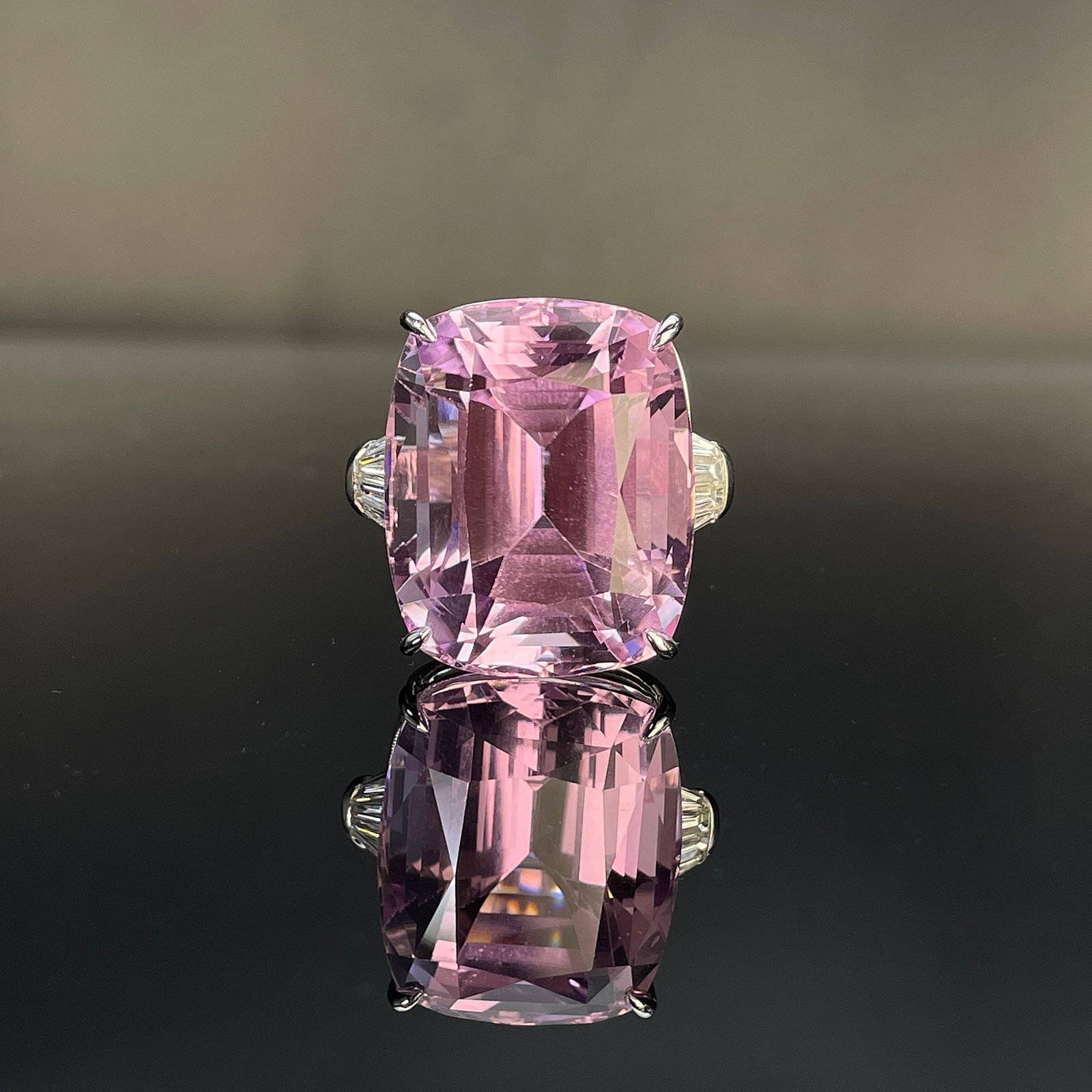 14k Gold 62.95 Ctw Natural Kunzite & Diamond Ring: Ref:231168122 // gold content:14k gold // ring size:7. 25us // // main gemstone:kunzite // shape:cushion // carat weight:62. 45ct // color:purple // treatment:natural // // adjacent gemstone 2 :