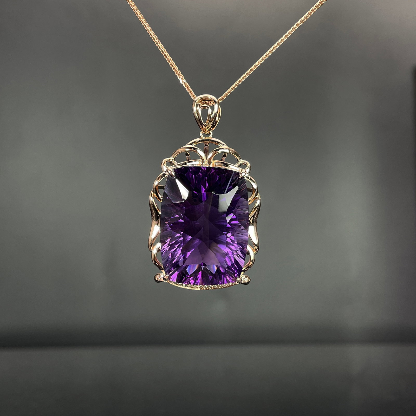 14k Gold 45.47 Ctw Natural Amethyst & Diamond Pendant( Without Chain ): Ref:231168125 // gold content:14k gold // main gemstone:amethyst // shape:cushion // carat weight:45. 35ct // color:purple // treatment:natural // // adjacent gemstone 2 : diamond // shape:round //