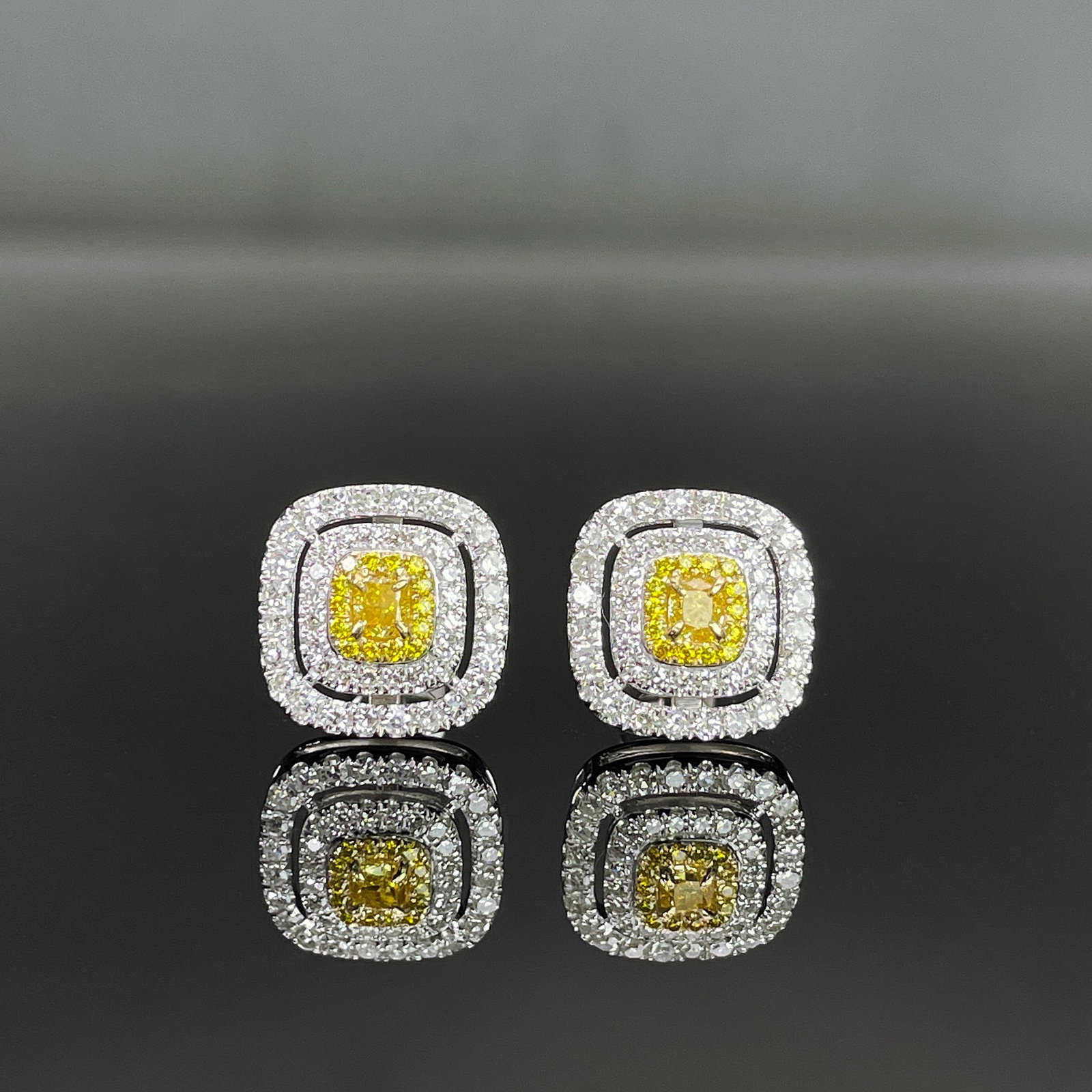 14k Gold 0.72 Ctw Natural Yellow Diamond & Diamond Earrings: Ref:231168132 // gold content:14k gold // main gemstone:yellow diamond // shape:cushion // carat weight:0. 24ct // color:yellow // treatment:natural // // adjacent gemstone 2 : diamond // shape:round