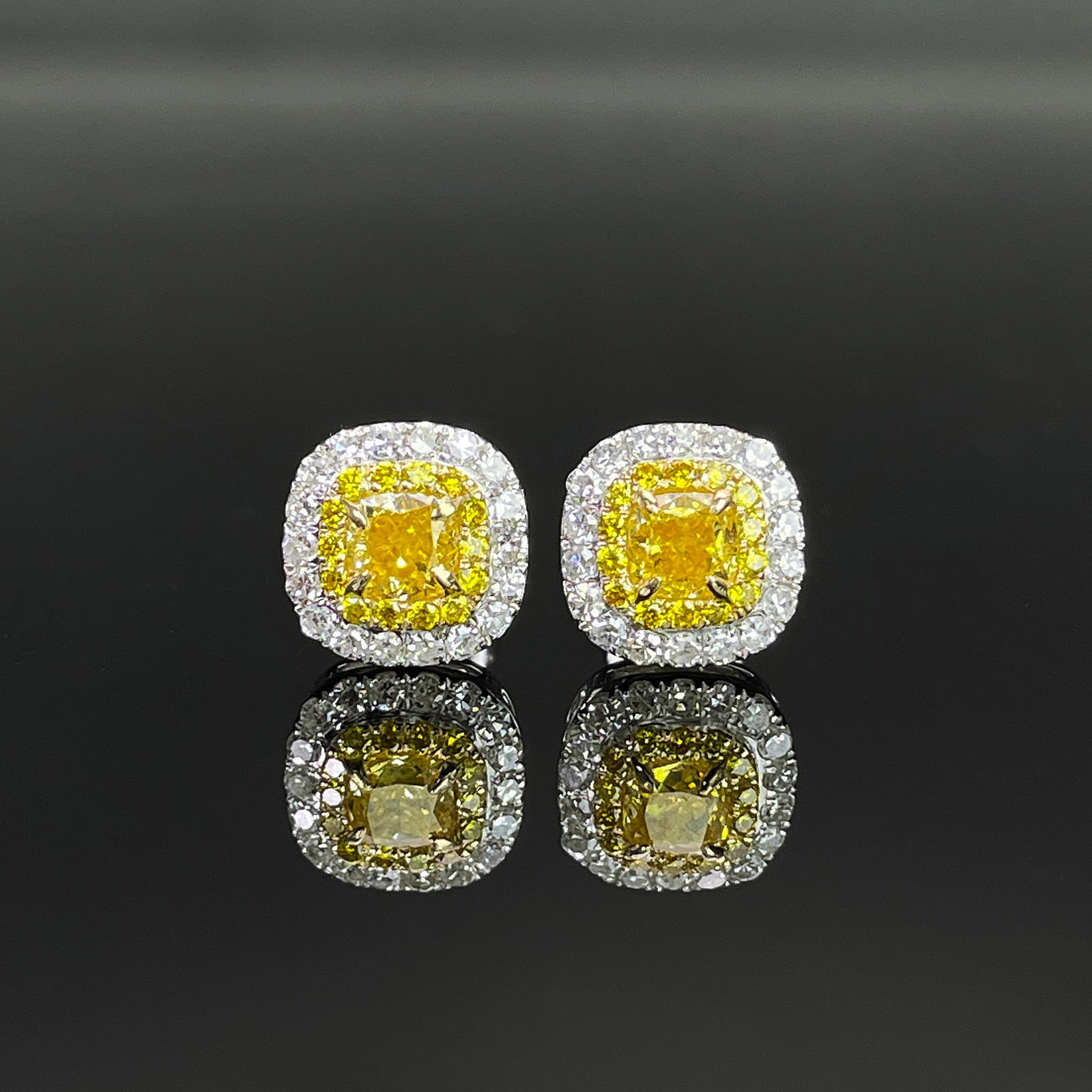 14k Gold 0.82 Ctw Natural Yellow Diamond & Diamond Earrings: Ref:231168135 // gold content:14k gold // main gemstone:yellow diamond // shape:cushion // carat weight:0. 52ct // color:yellow // treatment:natural // // adjacent gemstone 2 : diamond // shape:round 