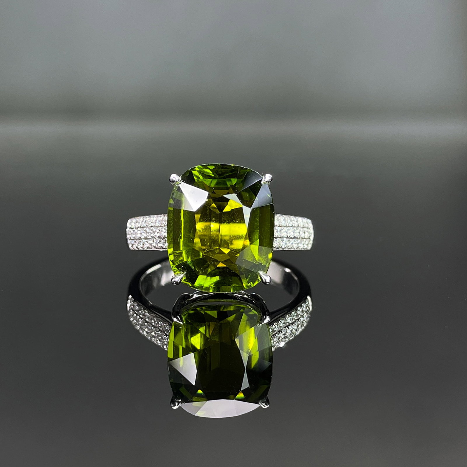 14k Gold 6.85 Ctw Natural Tourmaline & Diamond Ring: Ref:231168148 // gold content:14k gold // ring size:7. 25us // // main gemstone:tourmaline // shape:cushion // carat weight:6. 65ct // color:green // treatment:natural // // adjacent gemstone 2 :