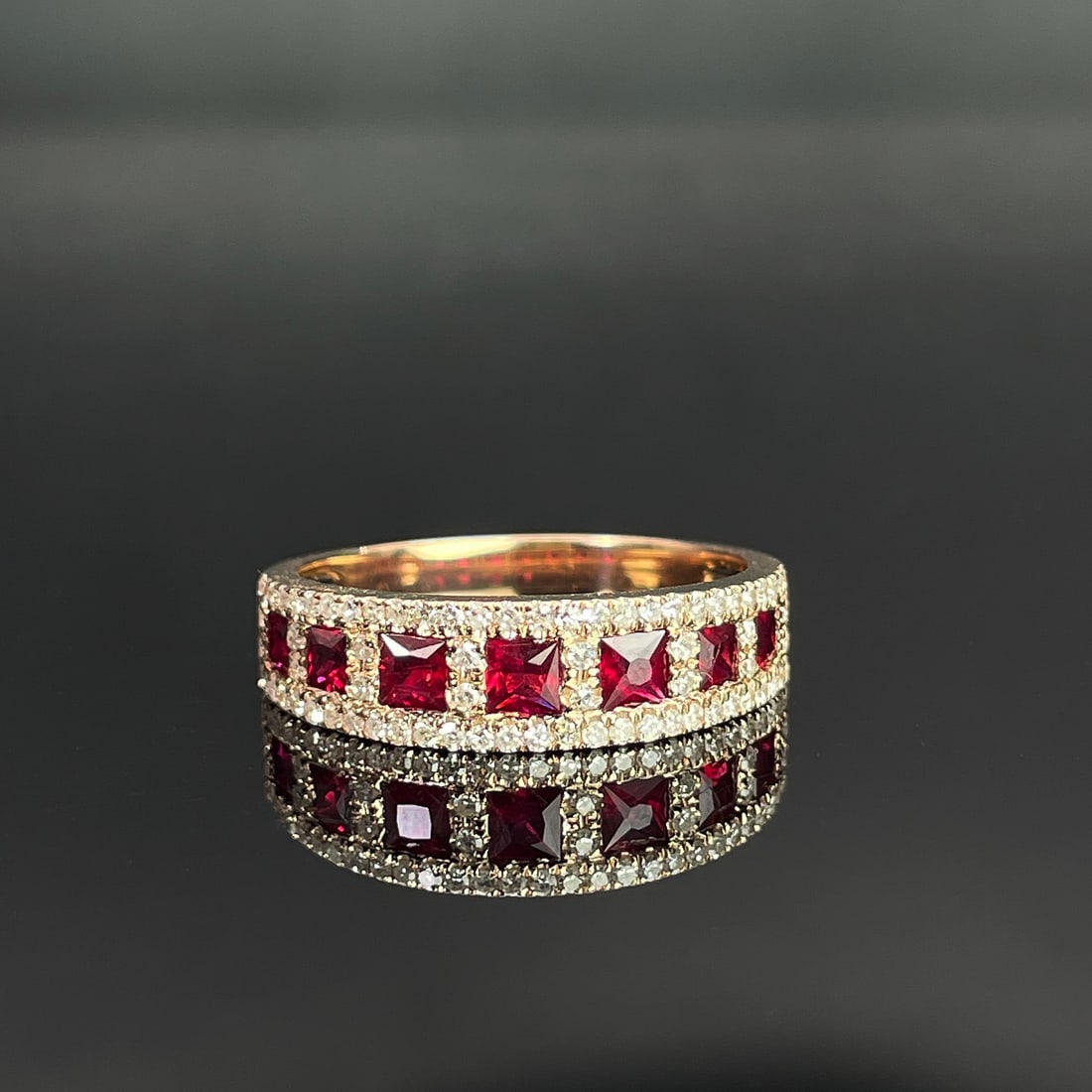 14k Gold 1.48 Ctw Natural Ruby & Diamond Ring: Ref:231168154 // gold content:14k gold // ring size:7. 25us // // main gemstone:ruby // shape:princess // carat weight:1. 12ct // color:pigeonblood red // treatment:natural // // adjacent gemstone 2