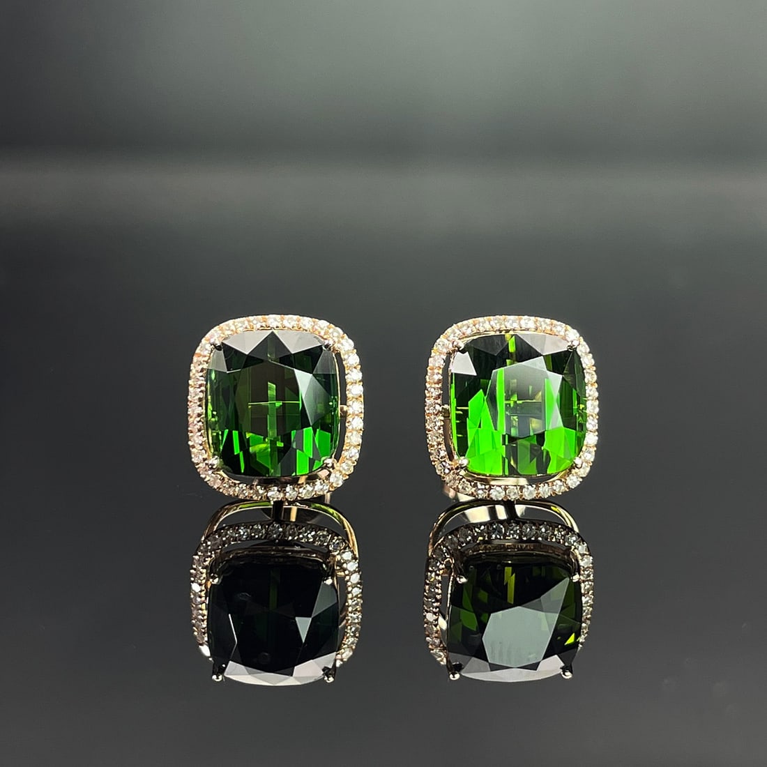 14k Gold 5 Ct Natural Tourmaline & Diamond Earrings: Ref:231168156 // gold content:14k gold // main gemstone:tourmaline // shape:cushion // carat weight:5ct // color:green // treatment:natural // // adjacent gemstone 2 : diamond // shape:round // clarit