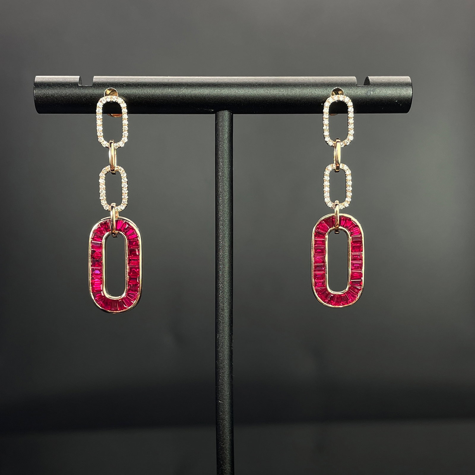 14k Gold 2.70 Ctw Natural Ruby & Diamond Earrings: Ref:231168166 // gold content:14k gold // main gemstone:ruby // shape:baguette // carat weight:2. 44ct // color:red // treatment:natural // // adjacent gemstone 2 : diamond // shape:round // carat