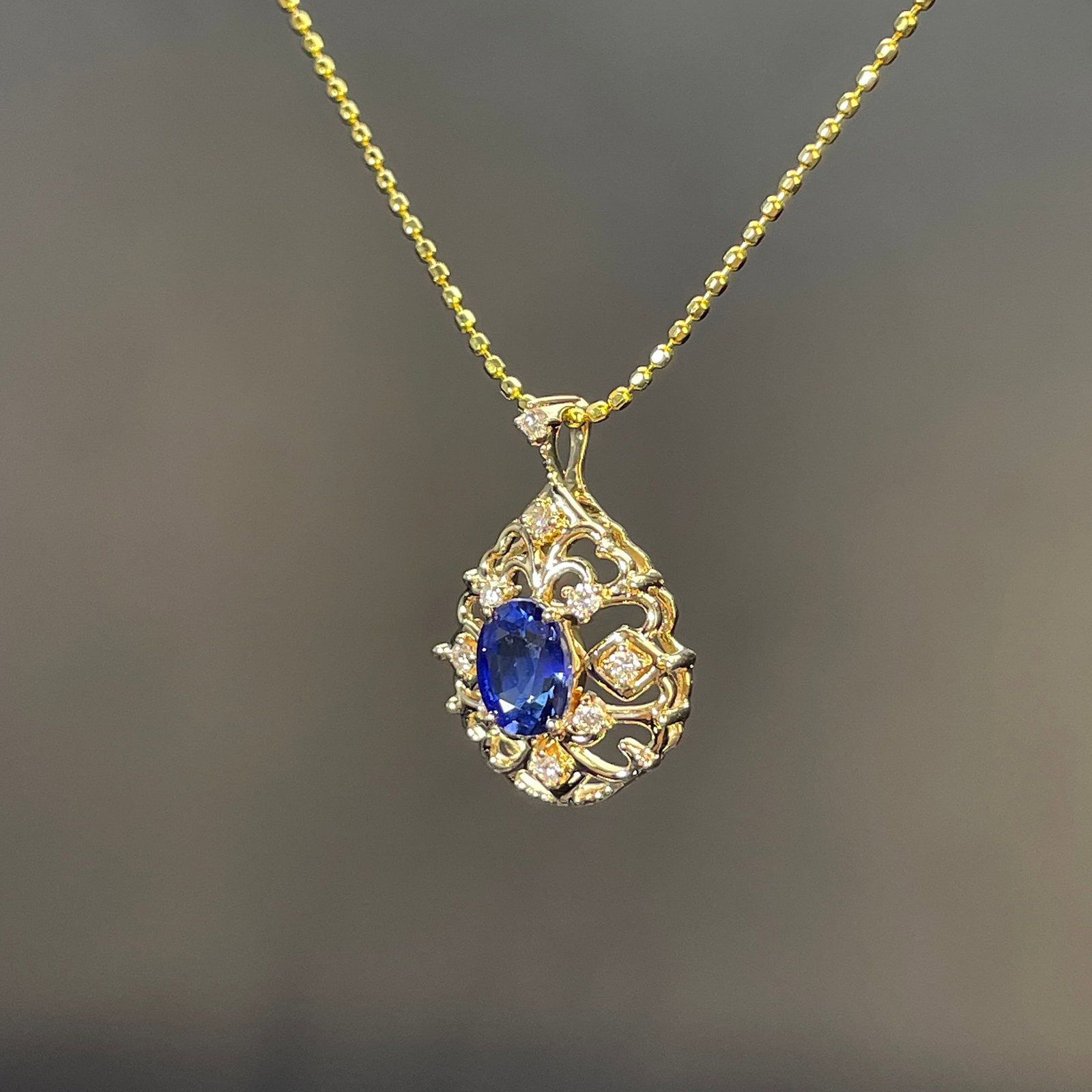14k Gold 0.68 Ctw Natural Sapphire & Diamond Pendant( Without Chain ) - 2