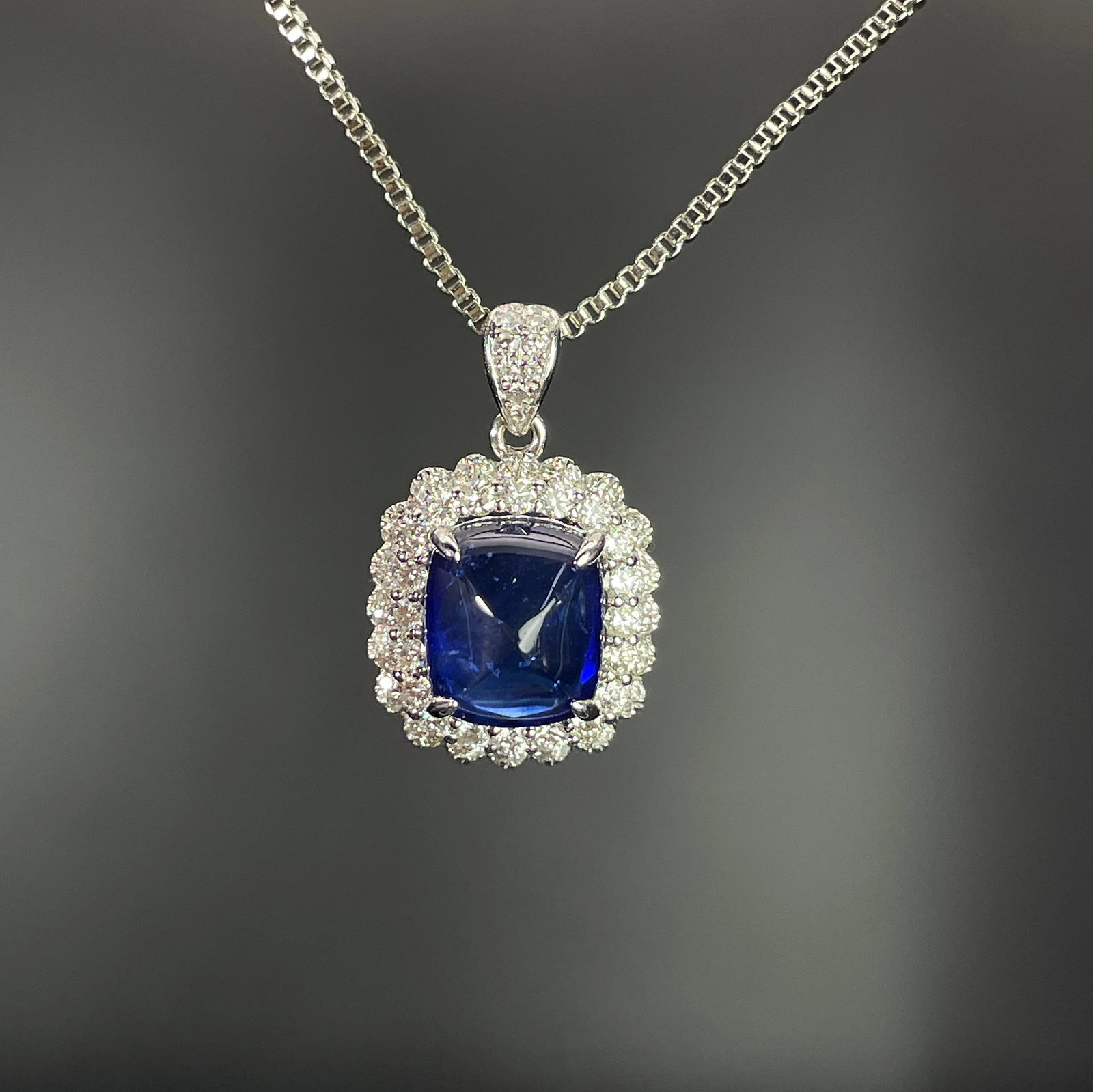 14k Gold 2.64 Ctw Natural Sapphire & Diamond Pendant( Without Chain ): Ref:231168182 // gold content:14k gold // main gemstone:sapphire // shape:sugar-loaf // carat weight:2. 3ct // color:royal blue // treatment:natural // // adjacent gemstone 2 : diamond // shape:round