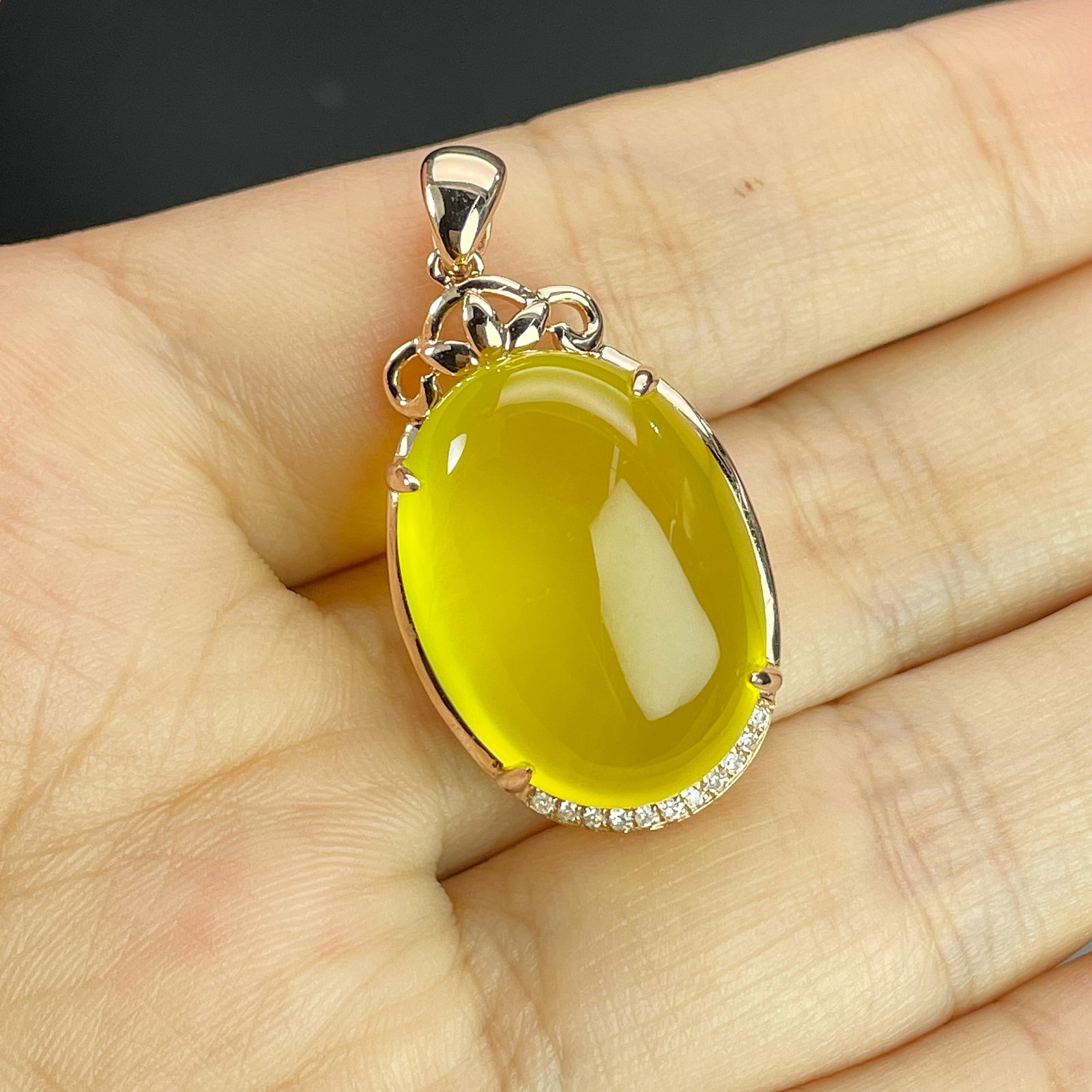 14k Gold 23.80 Ctw Natural Prehnite & Diamond Pendant( Without Chain ) - 5