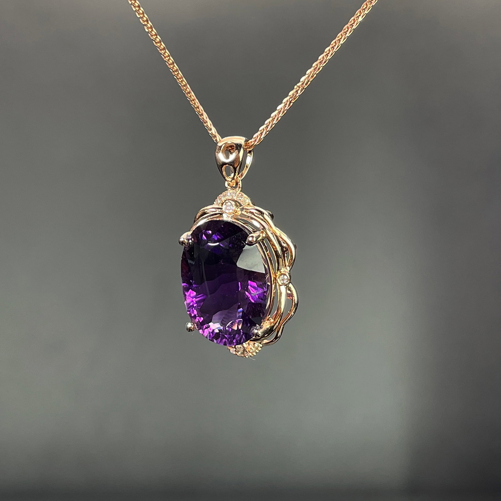 14k Gold 9.40 Ctw Natural Amethyst & Diamond Pendant( Without Chain ) - 2