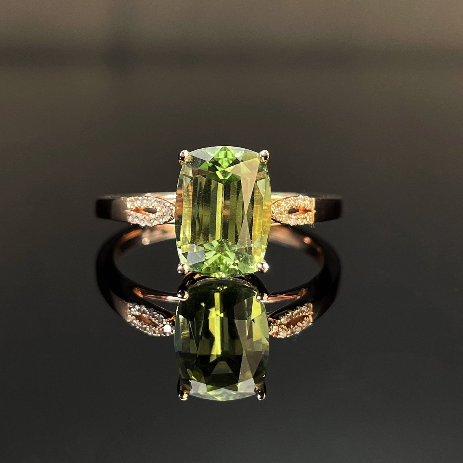 14k Gold 2.48 Ctw Natural Tourmaline & Diamond Ring: Ref:231168215 // gold content:14k gold // ring size:7. 25us // // main gemstone:tourmaline // shape:cushion // carat weight:2. 43ct // color:green // treatment:natural // // adjacent gemstone 2 :