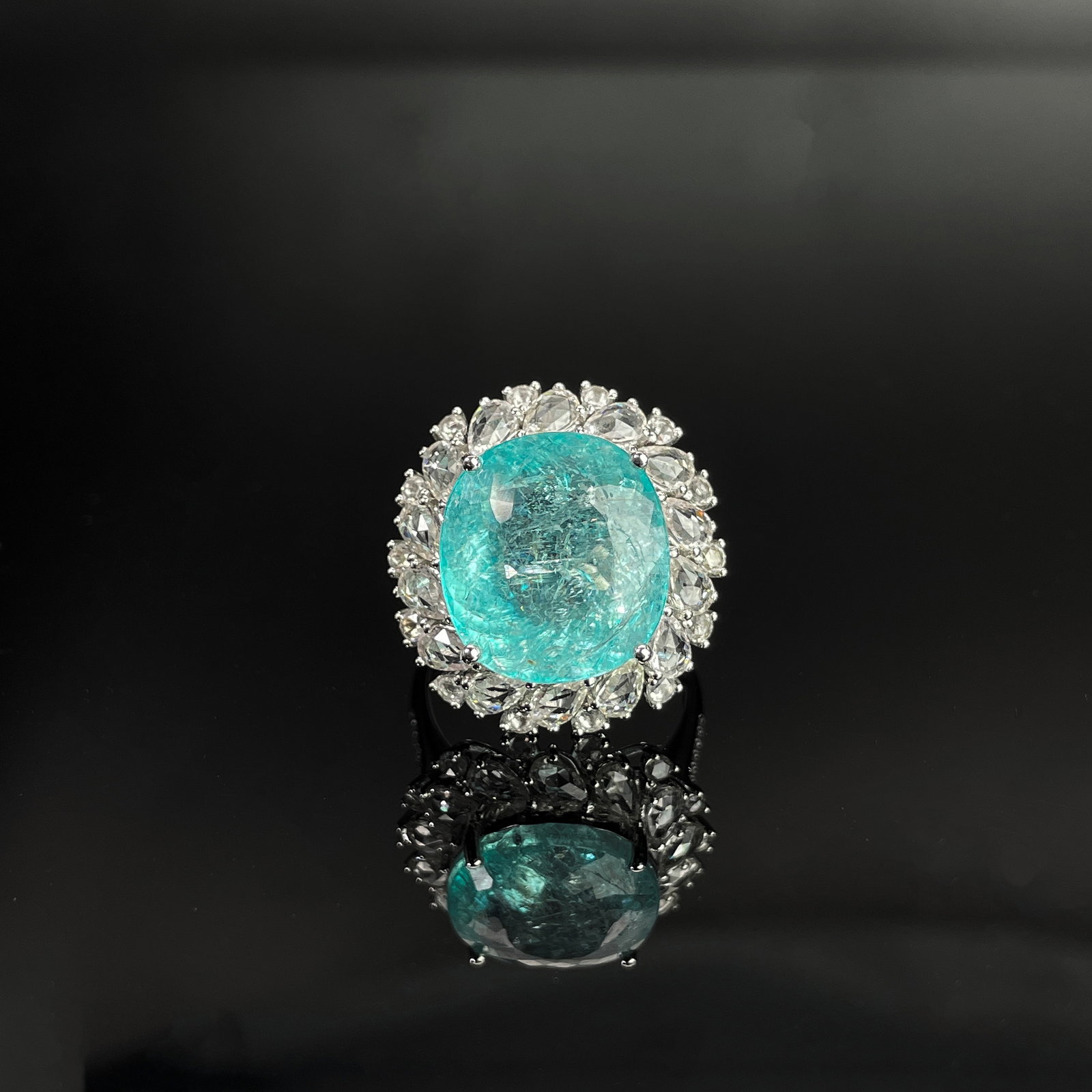 14k Gold 10.5 Ct Natural Paraiba Tourmaline & Diamond & Sapphire Ring: Ref:231168222 // gold content:14k gold // ring size:7. 25us // // main gemstone:paraiba tourmaline // shape:cushion // carat weight:10. 5ct // color:neon blue // treatment:natural // // adjacent