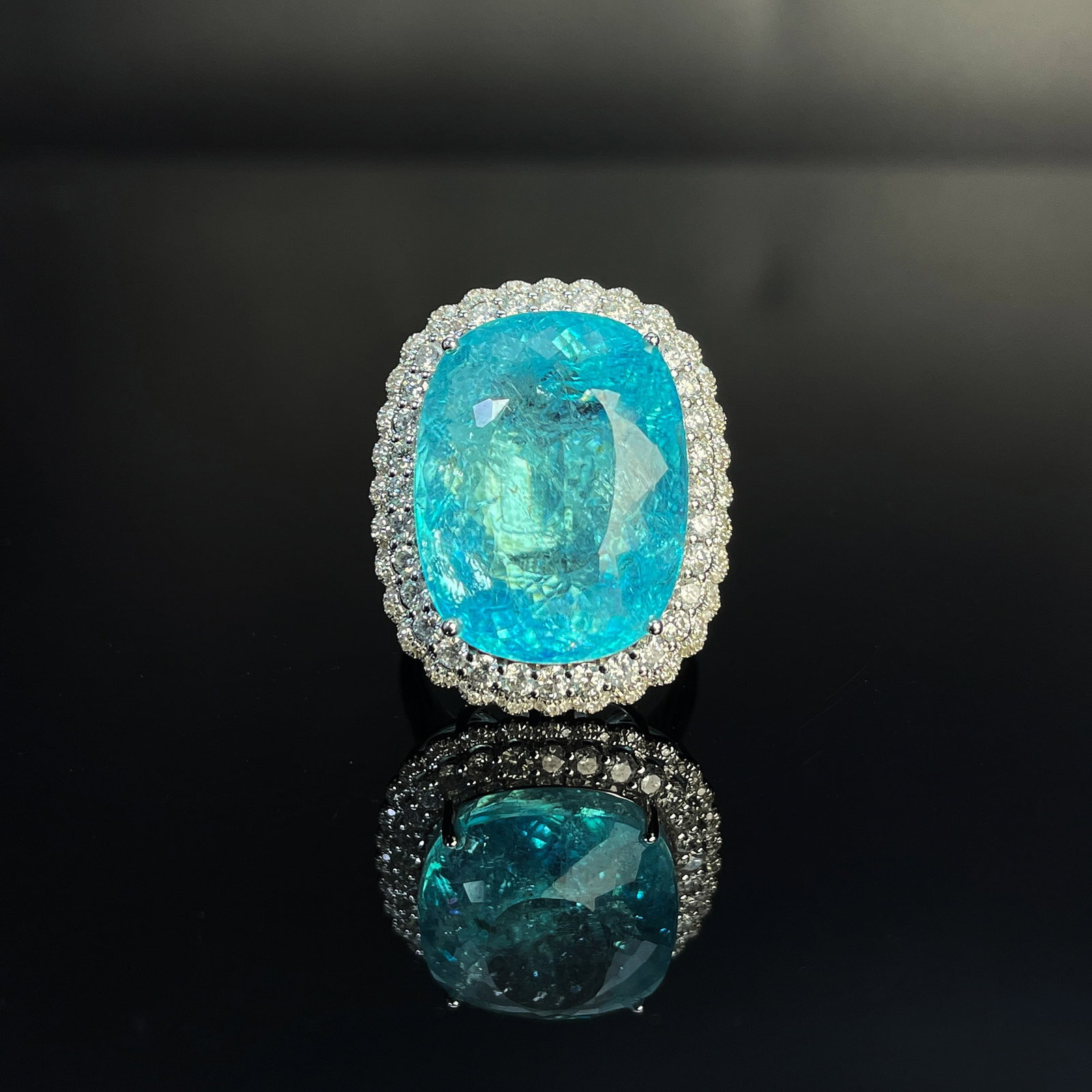 14k Gold 25.9 Ct Natural Paraiba Tourmaline & Diamond Ring/pendant( Without Chain ): Ref:231168225 // gold content:14k gold // ring size:7. 25us // // main gemstone:paraiba tourmaline // shape:cushion // carat weight:25. 9ct // color:neon blue // treatment:natural // // adjacent