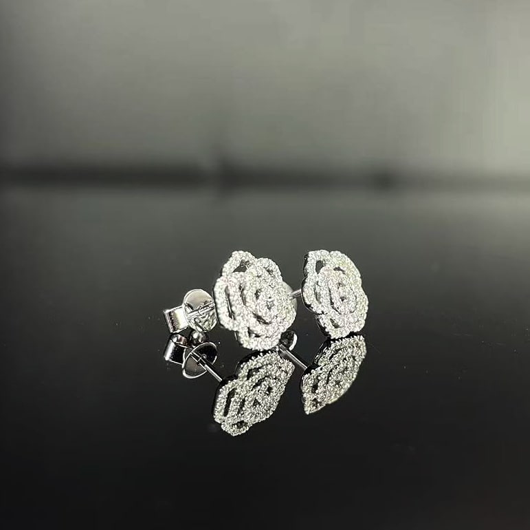 14k Gold 0.24 Ct Natural H Diamond & Flowers Earrings - 2