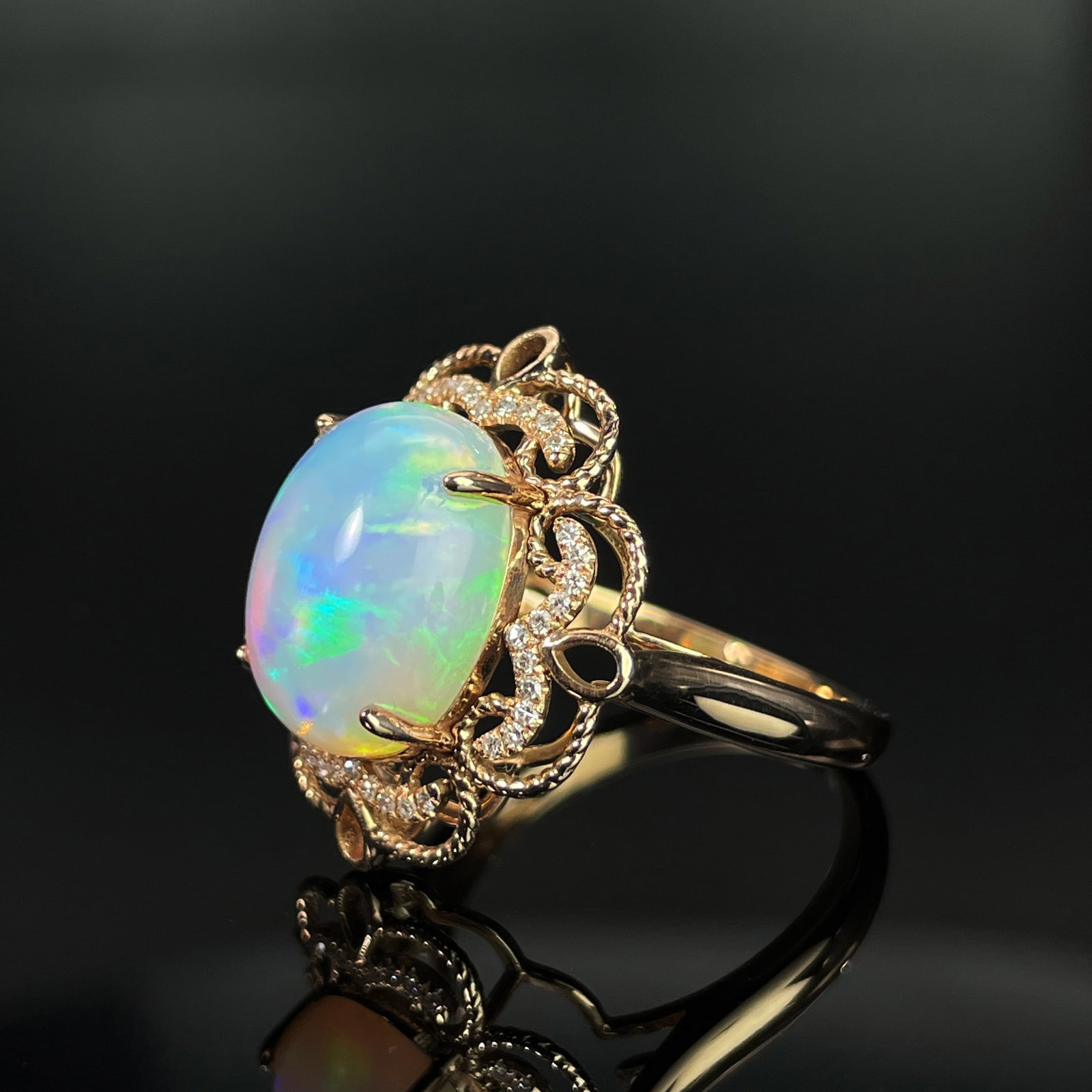 14k Gold 3.52 Ctw Natural Opal & Diamond Ring - 2