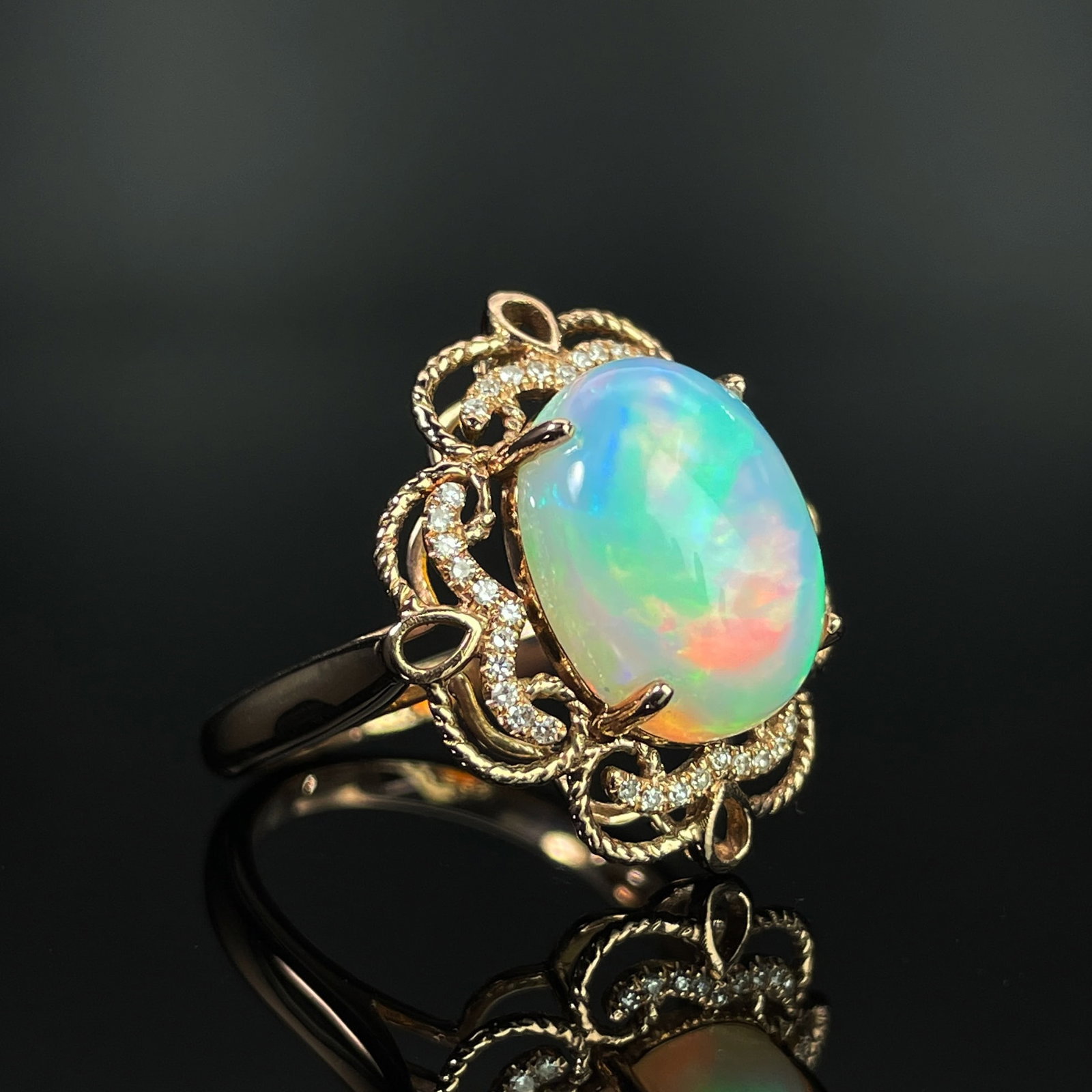 14k Gold 3.52 Ctw Natural Opal & Diamond Ring - 3