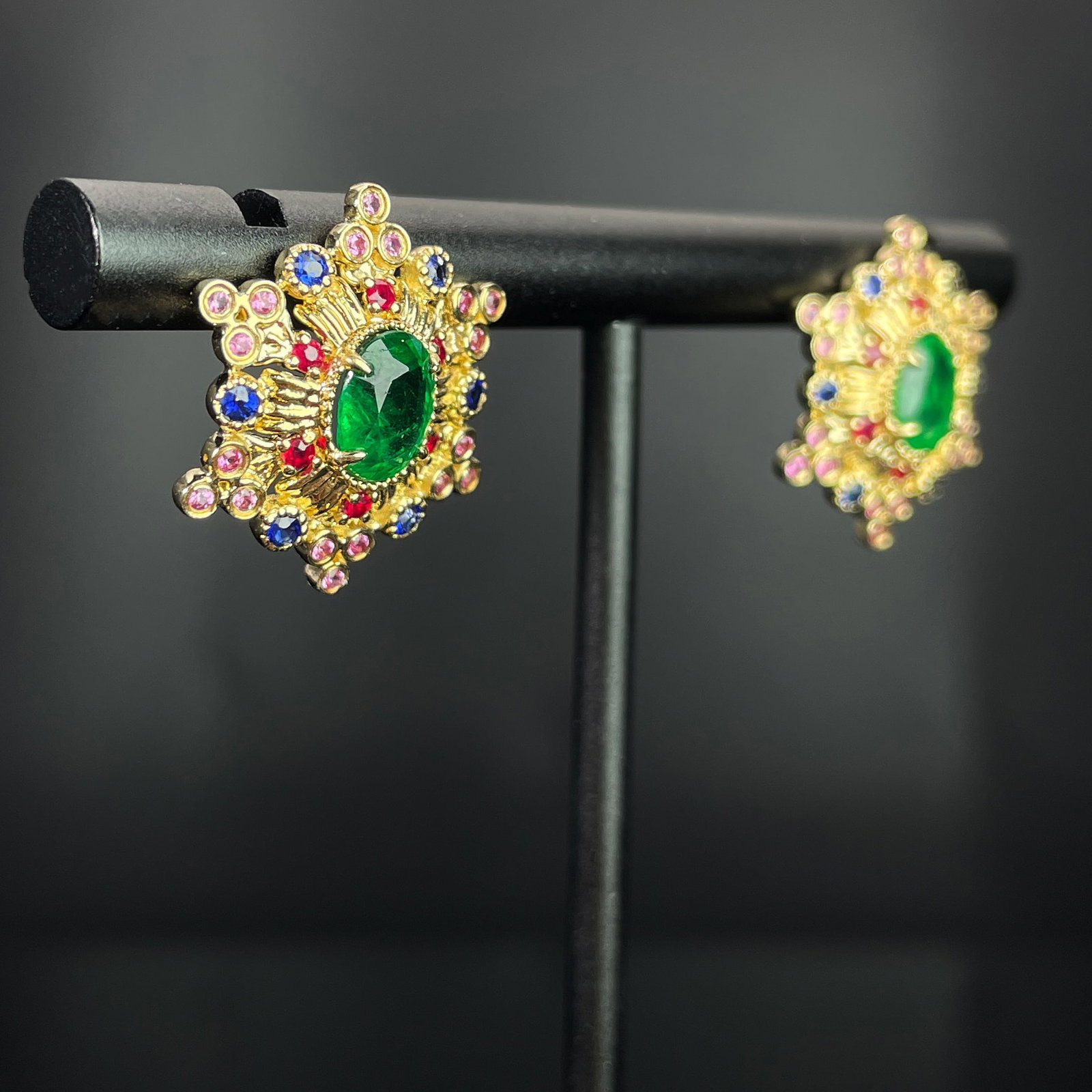 14k Gold 1.18 Ctw Natural Emerald & Sapphire Earrings - 2