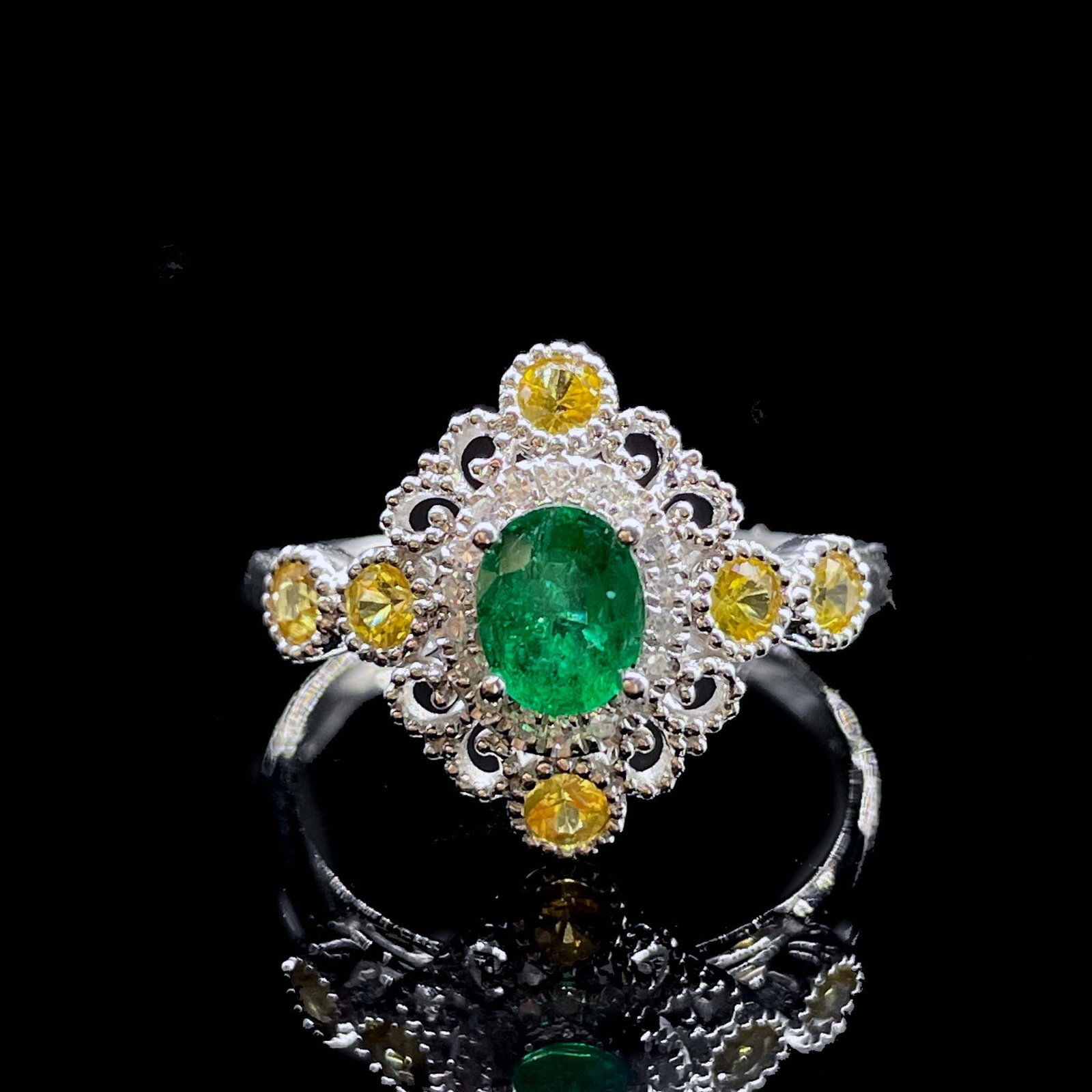 14k Gold 0.55 Ctw Vivid Green Natural Emerald & Diamond Ring: Ref:231168277 // gold content:14k gold // ring size:7. 25us // // main gemstone:emerald // shape:oval // carat weight:0. 46ct // color:vivid green // treatment:natural // // adjacent gemstone 2 :