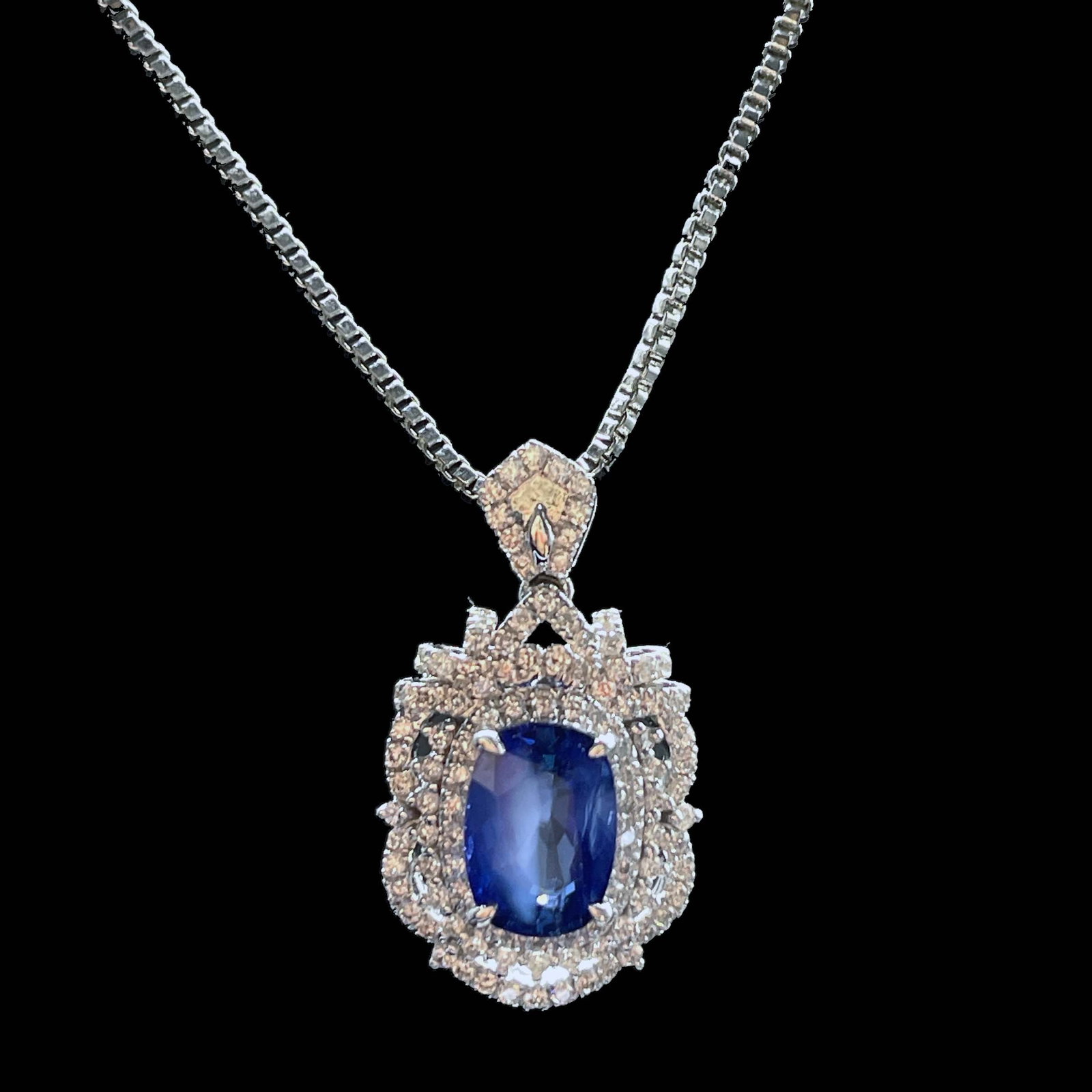 14k Gold 1.55 Ctw Natural Sapphire & Diamond Pendant( Without Chain ): Ref:231168311 // gold content:14k gold // main gemstone:sapphire // shape:cushion // carat weight:1. 2ct // color:blue // treatment:natural // cut grade:g // // adjacent gemstone 2 : diamond //