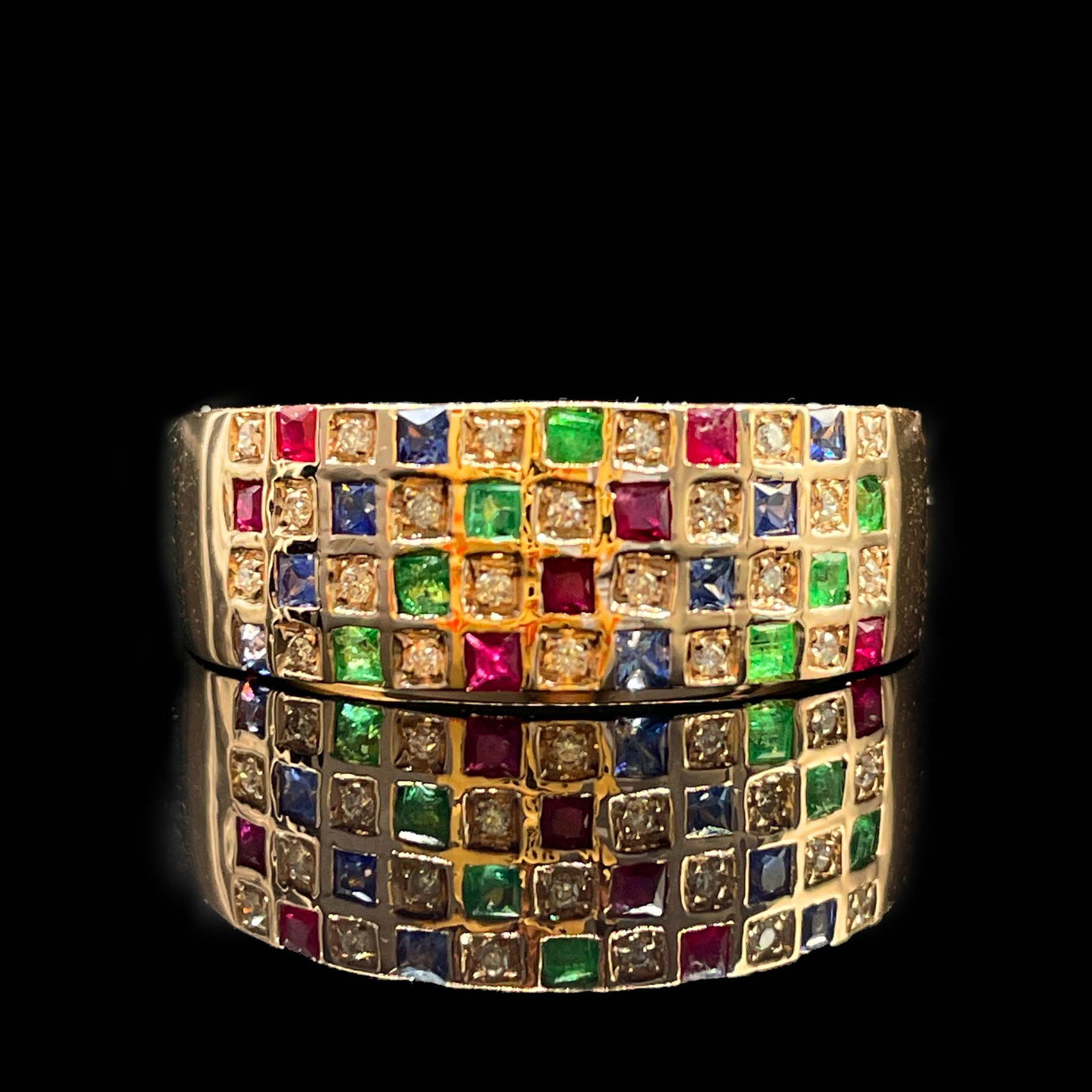 14k Gold 1.58 Ctw Natural Ruby & Sapphire & Emerald & Diamond Ring: Ref:231168332 // gold content:14k gold // ring size:7. 25us // // main gemstone:ruby & sapphire & emerald // shape:princess // carat weight:1. 47ct // color:red & blue & green // treatment:natural //