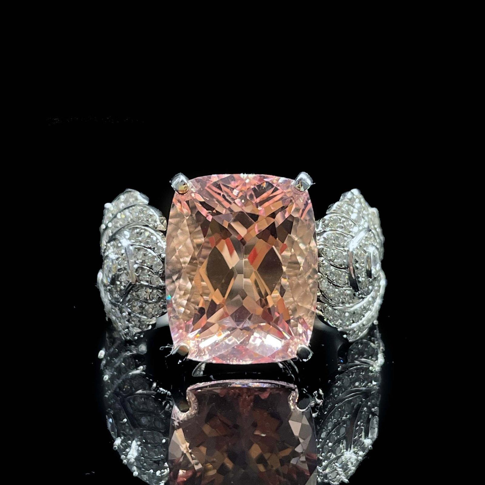14k Gold 7.32 Ctw Natural Morganite & Diamond Ring: Ref:231168339 // gold content:14k gold // ring size:7. 25us // // main gemstone:morganite // shape:cushion // carat weight:6. 02ct // color:cherry blossom color // treatment:natural // // adjacent