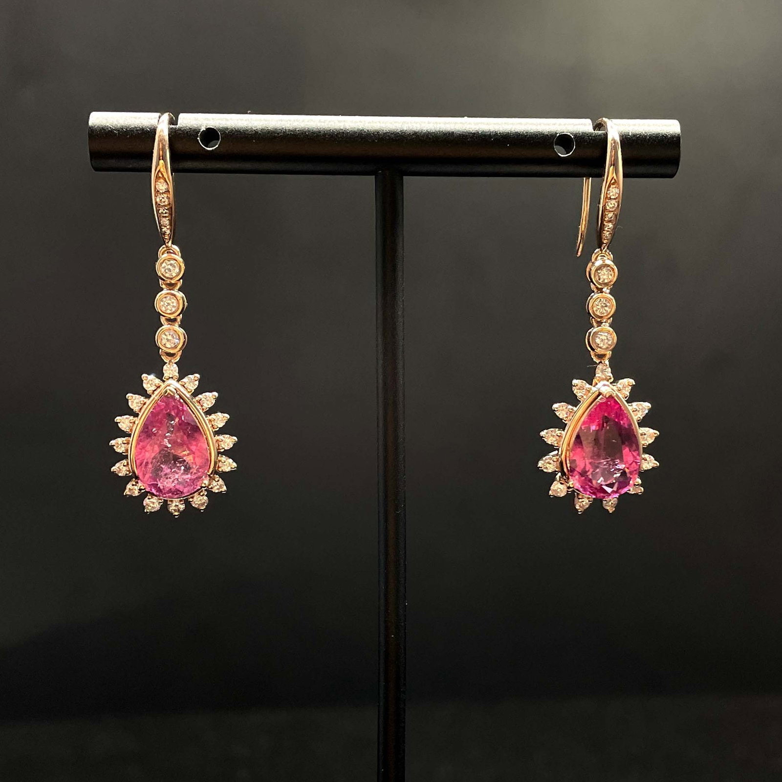 14k Gold 4.07 Ctw Natural Tourmaline & Diamond Earrings: Ref:231168343 // gold content:14k gold // main gemstone:tourmaline // shape:pear // carat weight:3. 62ct // color:pink // treatment:natural // // adjacent gemstone 2 : diamond // shape:round // carat 