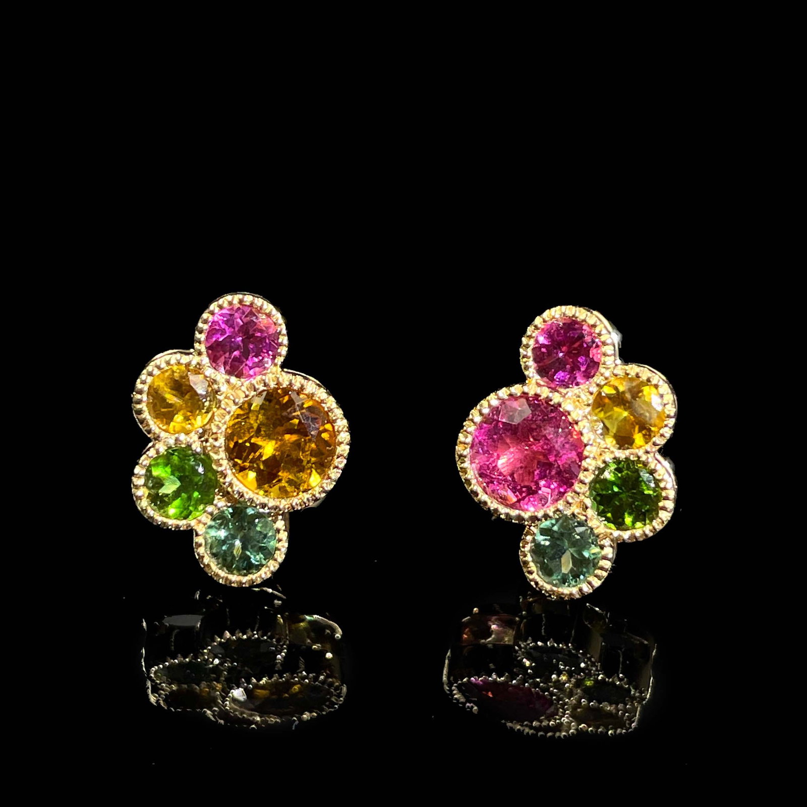 14k Gold 2.6 Ct Natural Tourmaline Earrings: Ref:231168375 // gold content:14k gold // main gemstone:tourmaline // shape:round // carat weight:2. 6ct // color:color // treatment:natural // cut grade:g // Condition: New Low Estimate: 1700.00