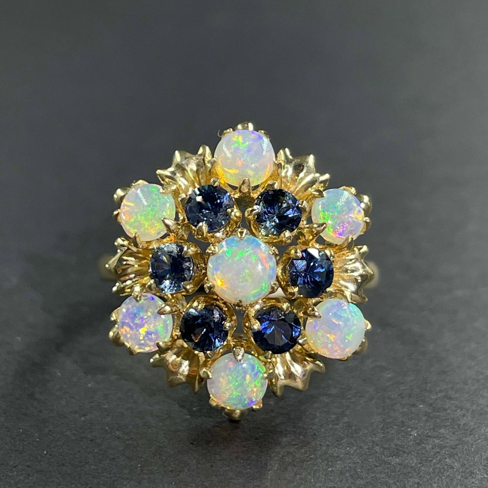 14k Gold 2.22 Ctw Natural Opal & Sapphire Ring: Ref:231168404 // gold content:14k gold // ring size:7. 25us // // main gemstone:opal // shape:round // carat weight:1. 22ct // color:color // treatment:natural // cut grade:g // // adjacent gemstone
