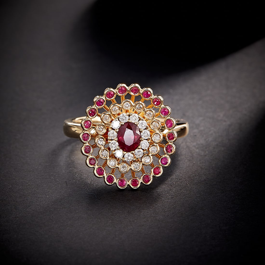 14k Gold 0.70 Ctw Natural Ruby & Diamond Ring: Ref:231168414 // gold content:14k gold // ring size:7. 25us // // main gemstone:ruby // shape:oval // carat weight:0. 45ct // color:red // treatment:natural // // adjacent gemstone 2 : diamond //