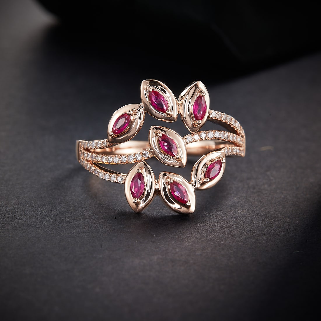 14k Gold 0.56 Ctw Natural Ruby & Diamond Ring: Ref:231168438 // gold content:14k gold // ring size:7. 25us // // main gemstone:ruby // shape:marquise // carat weight:0. 38ct // color:red // treatment:natural // // adjacent gemstone 2 : diamond //