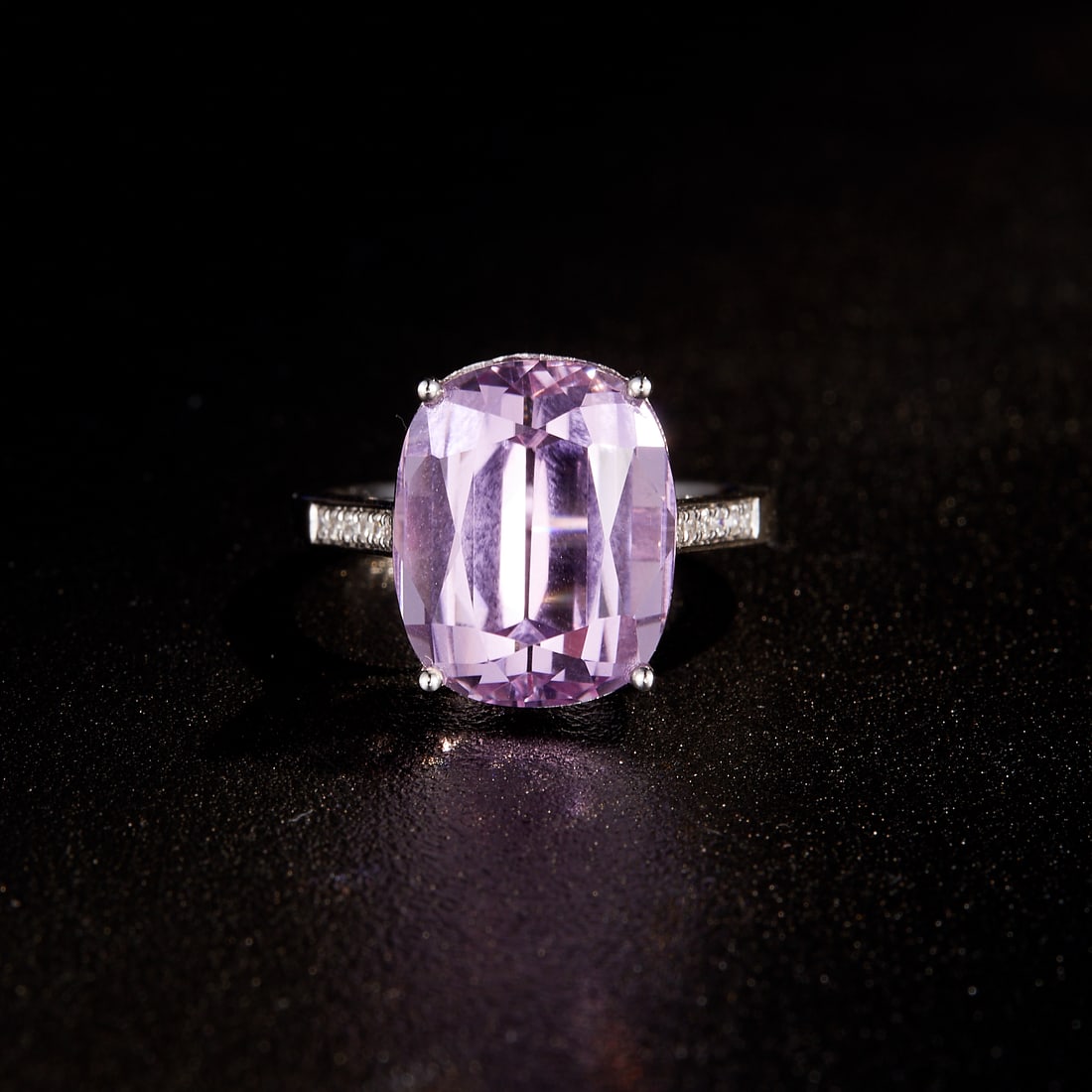 14k Gold 10.23 Ctw Natural Kunzite & Diamond Ring: Ref:231168443 // gold content:14k gold // ring size:7. 25us // // main gemstone:kunzite // shape:cushion // carat weight:10. 1ct // color:purple // treatment:natural // // adjacent gemstone 2 :